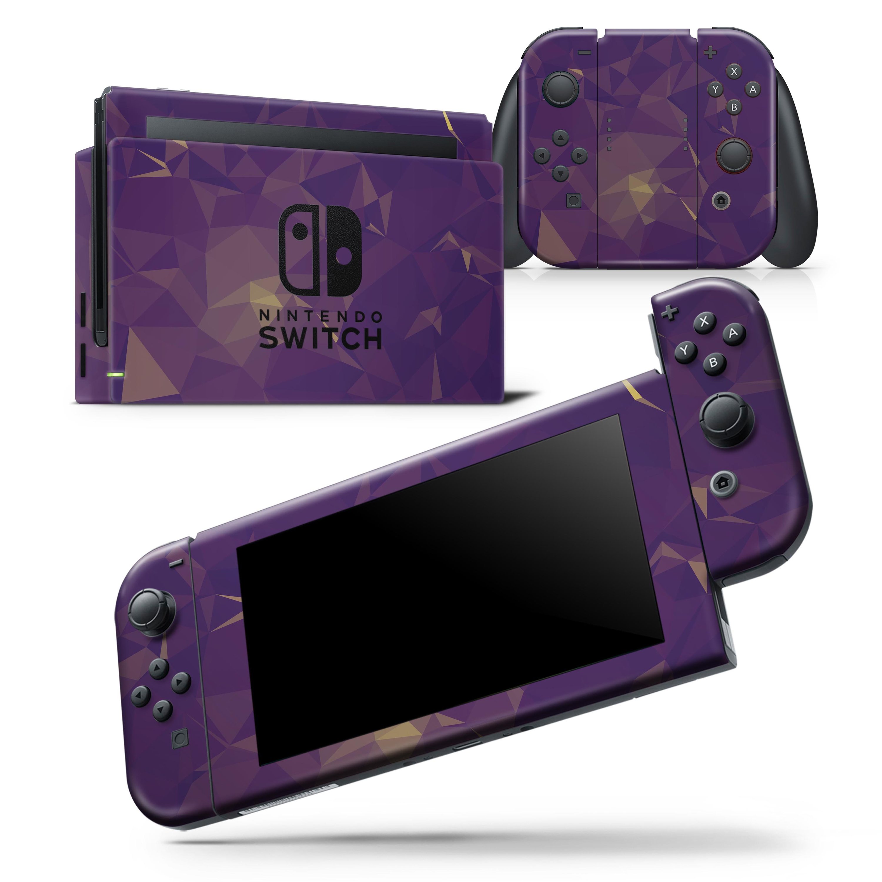 Abstract Purple and Gold Geometric Shapes skin wrap decal for Nintendo Switch, showcasing vibrant colors and geometric patterns.