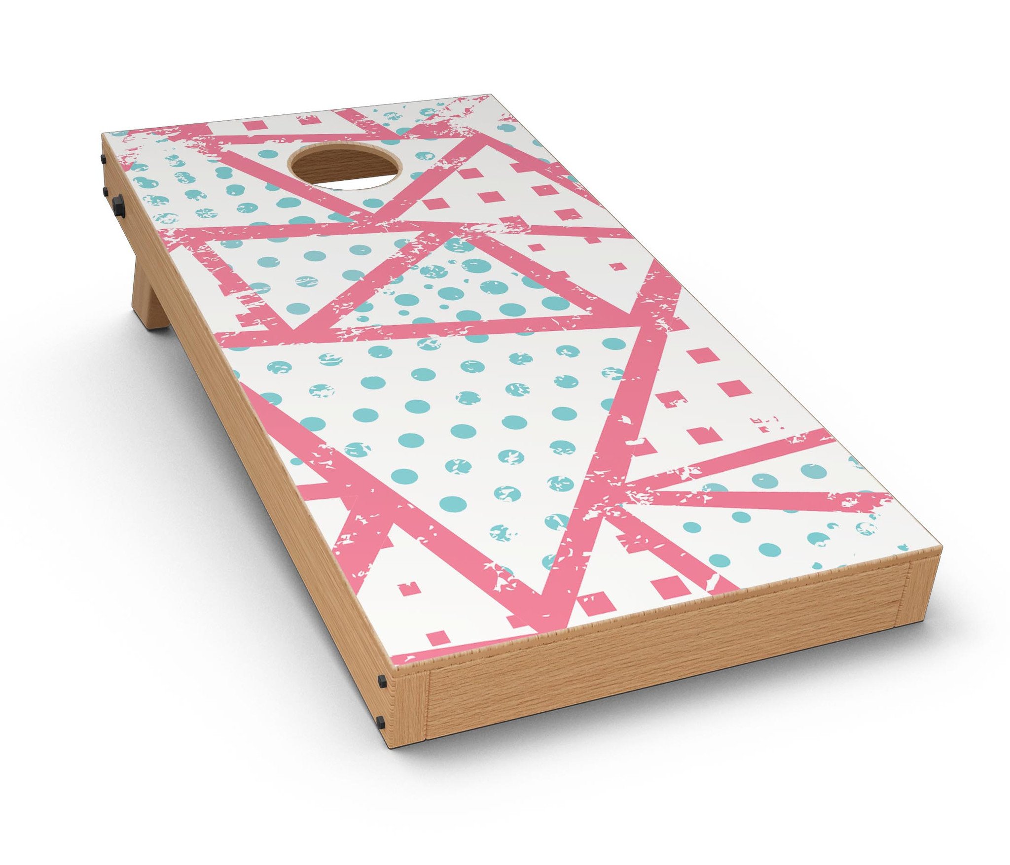 Abstract Red and Teal Overlaps Cornhole Board Skin Decal Kit showcasing vibrant colors and unique design.