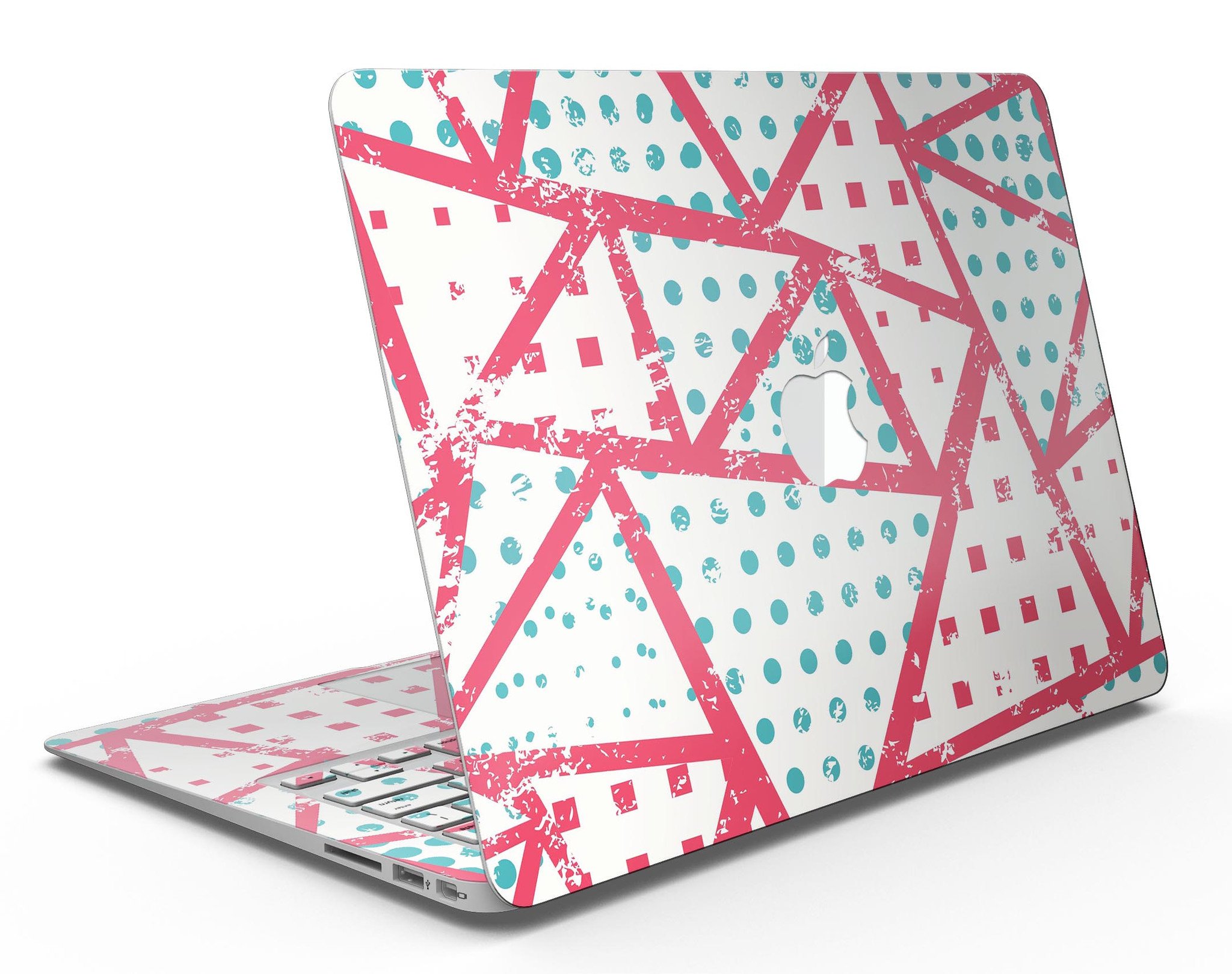 Abstract Red and Teal Overlaps skin kit for MacBook Air, showcasing vibrant colors and sleek design.