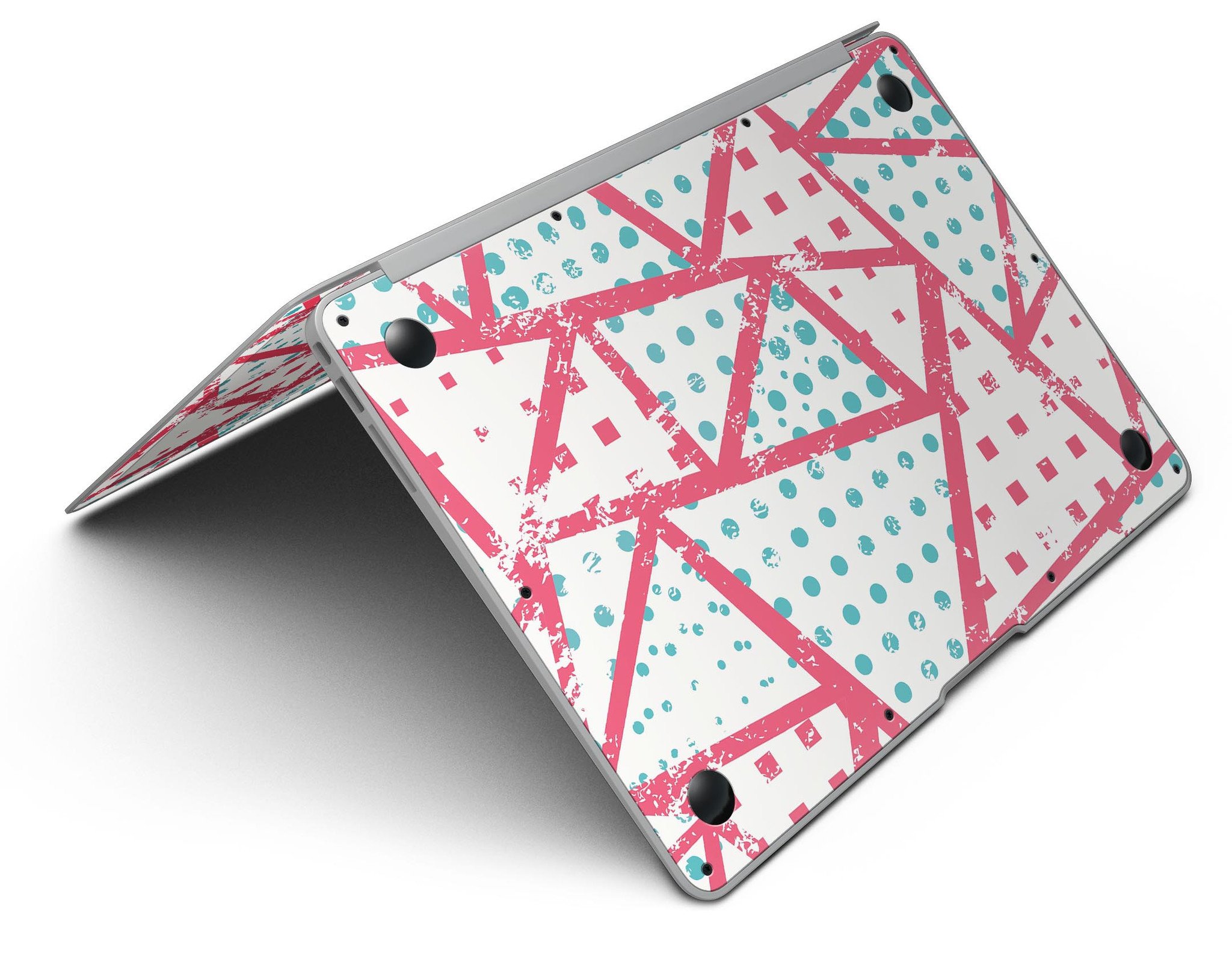 Abstract Red and Teal Overlaps skin kit for MacBook Air, showcasing vibrant colors and sleek design.