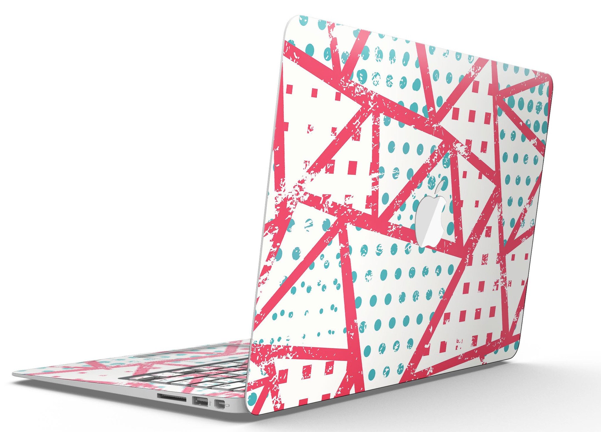 Abstract Red and Teal Overlaps skin kit for MacBook Air, showcasing vibrant colors and sleek design.
