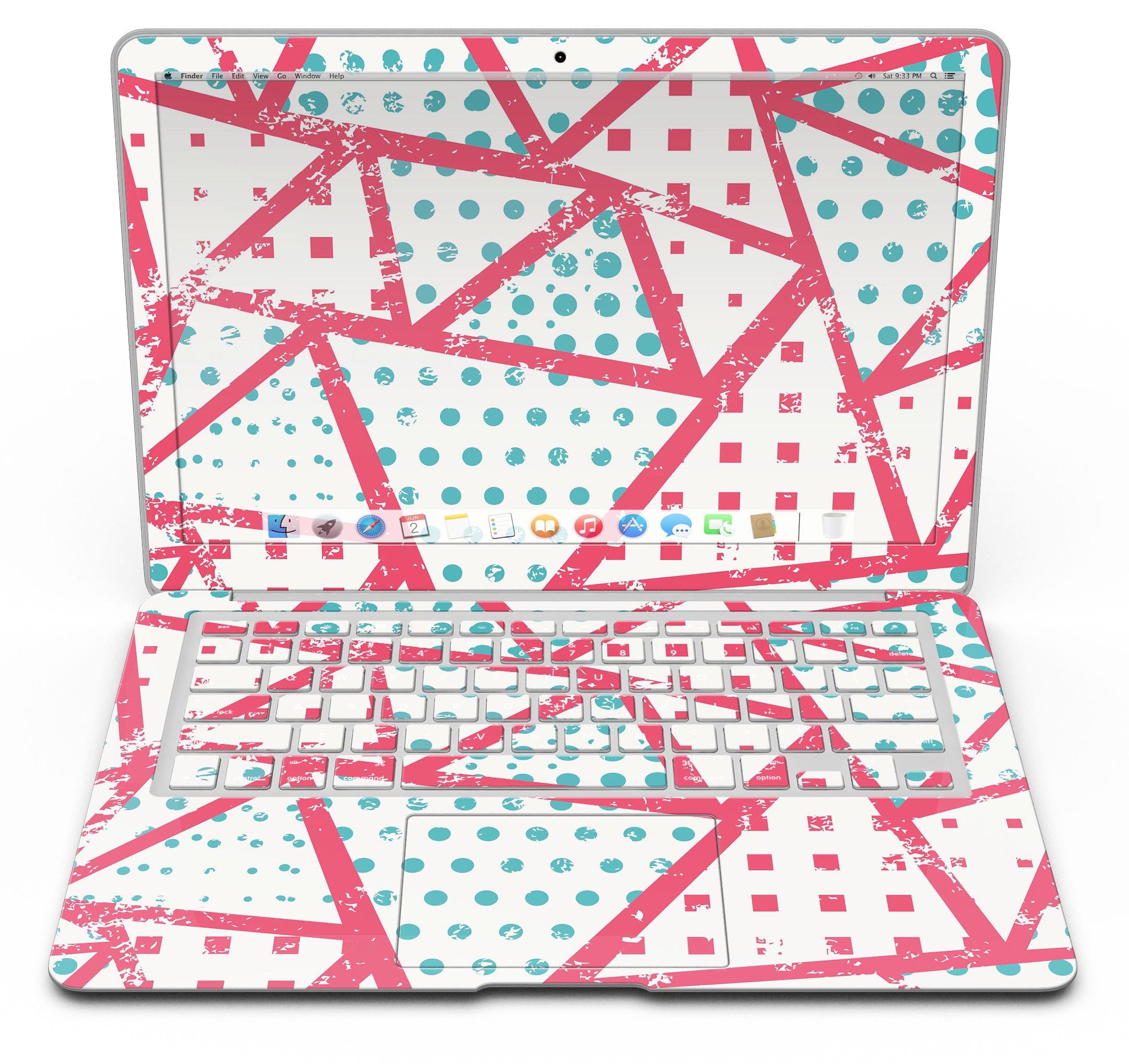 Abstract Red and Teal Overlaps skin kit for MacBook Air, showcasing vibrant colors and sleek design.