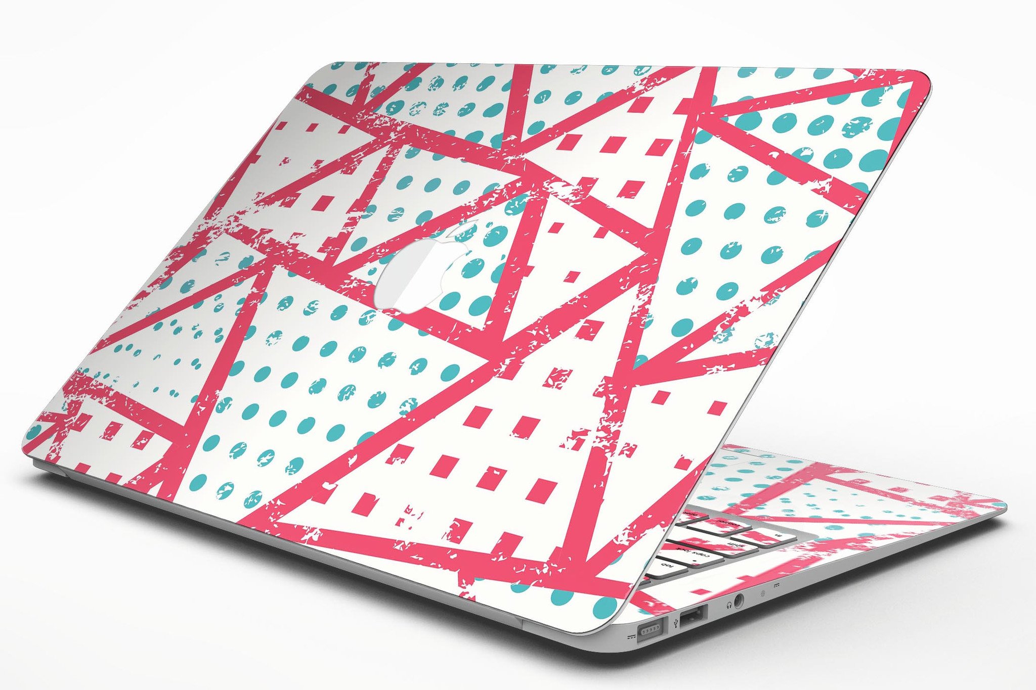 Abstract Red and Teal Overlaps skin kit for MacBook Air, showcasing vibrant colors and sleek design.