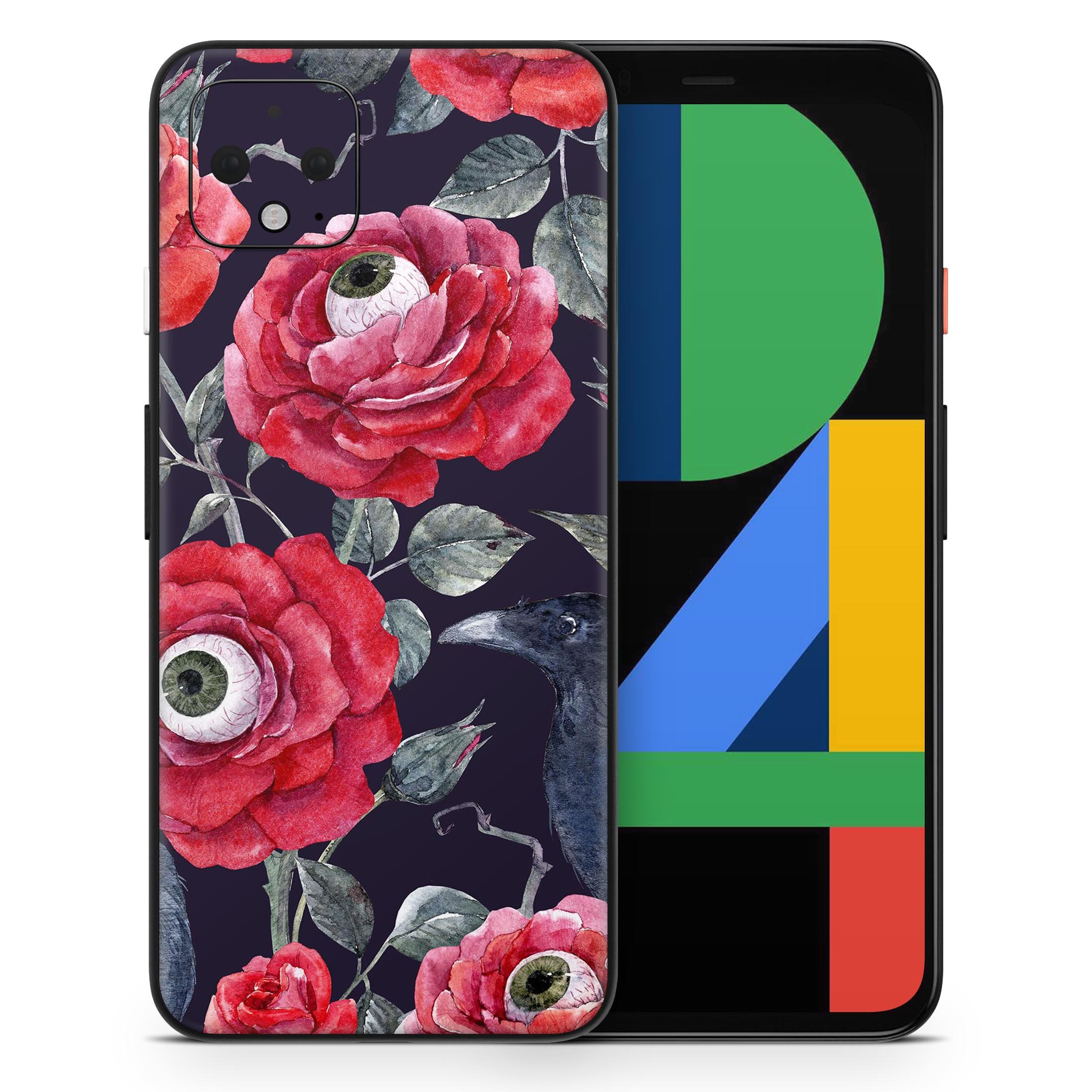 Full body skin decal wrap kit featuring abstract roses with eyes design for Google Pixel phones, showcasing vibrant colors and intricate details.