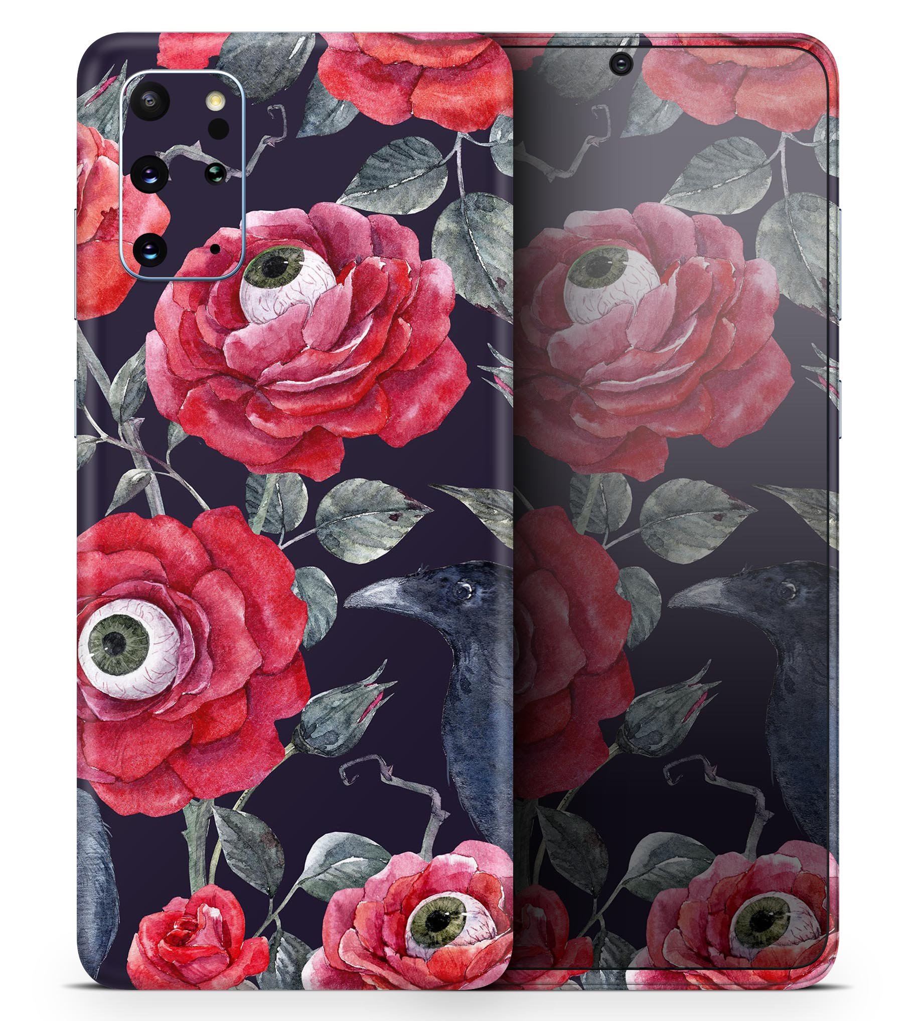 Full body skin decal wrap kit featuring abstract roses and eyes design for Samsung Galaxy phones, showcasing vibrant colors and intricate patterns.