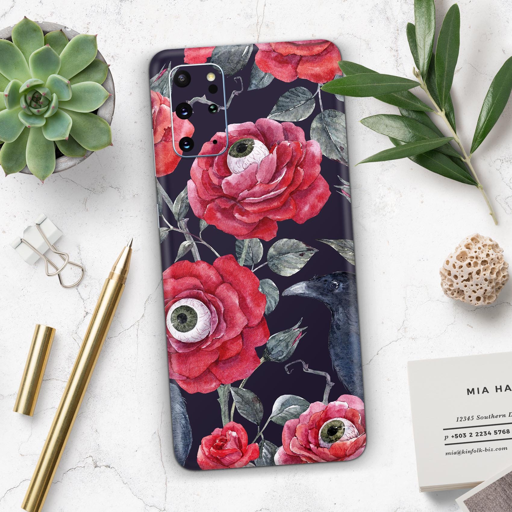 Full body skin decal wrap kit featuring abstract roses and eyes design for Samsung Galaxy phones, showcasing vibrant colors and intricate patterns.