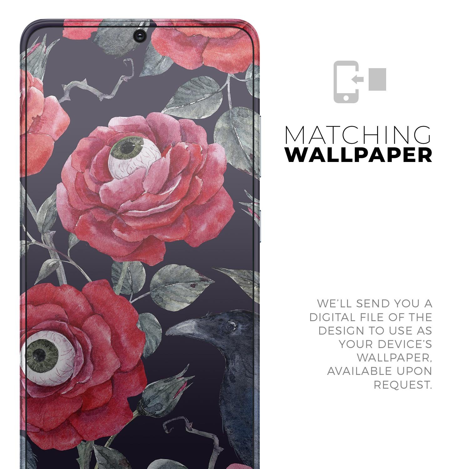Full body skin decal wrap kit featuring abstract roses and eyes design for Samsung Galaxy phones, showcasing vibrant colors and intricate patterns.