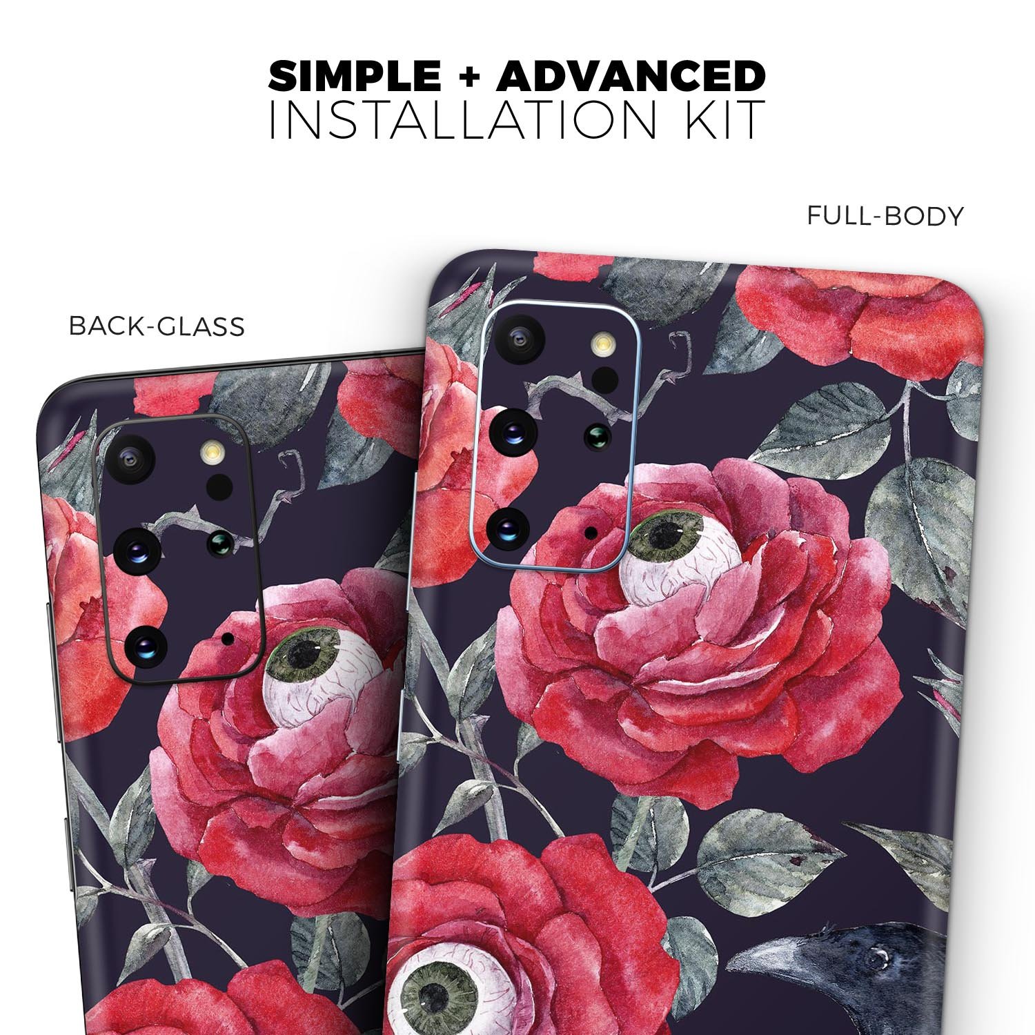 Full body skin decal wrap kit featuring abstract roses and eyes design for Samsung Galaxy phones, showcasing vibrant colors and intricate patterns.