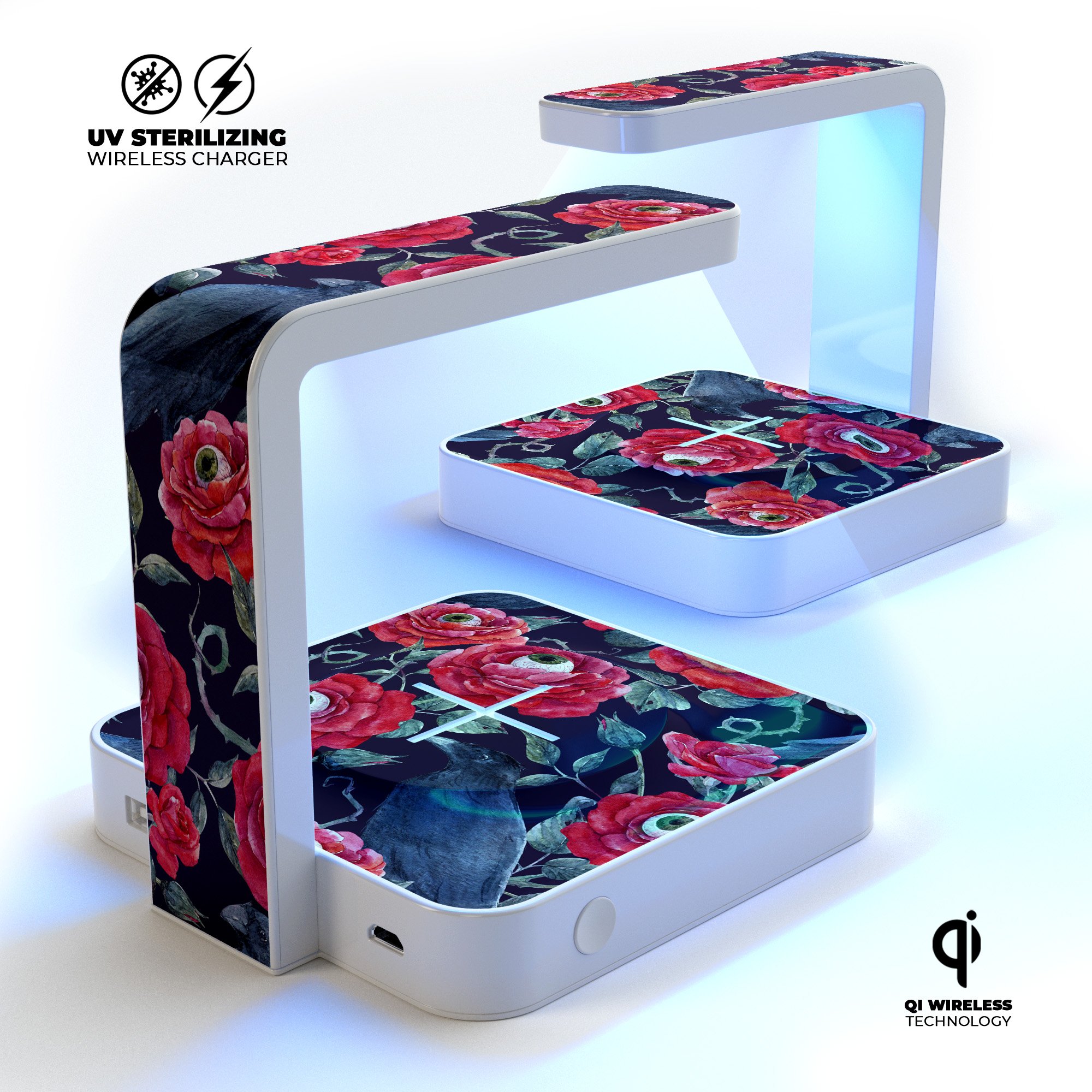 Abstract Roses UV Germicidal Wireless Charger with decorative skin, showcasing its sleek design and functionality.