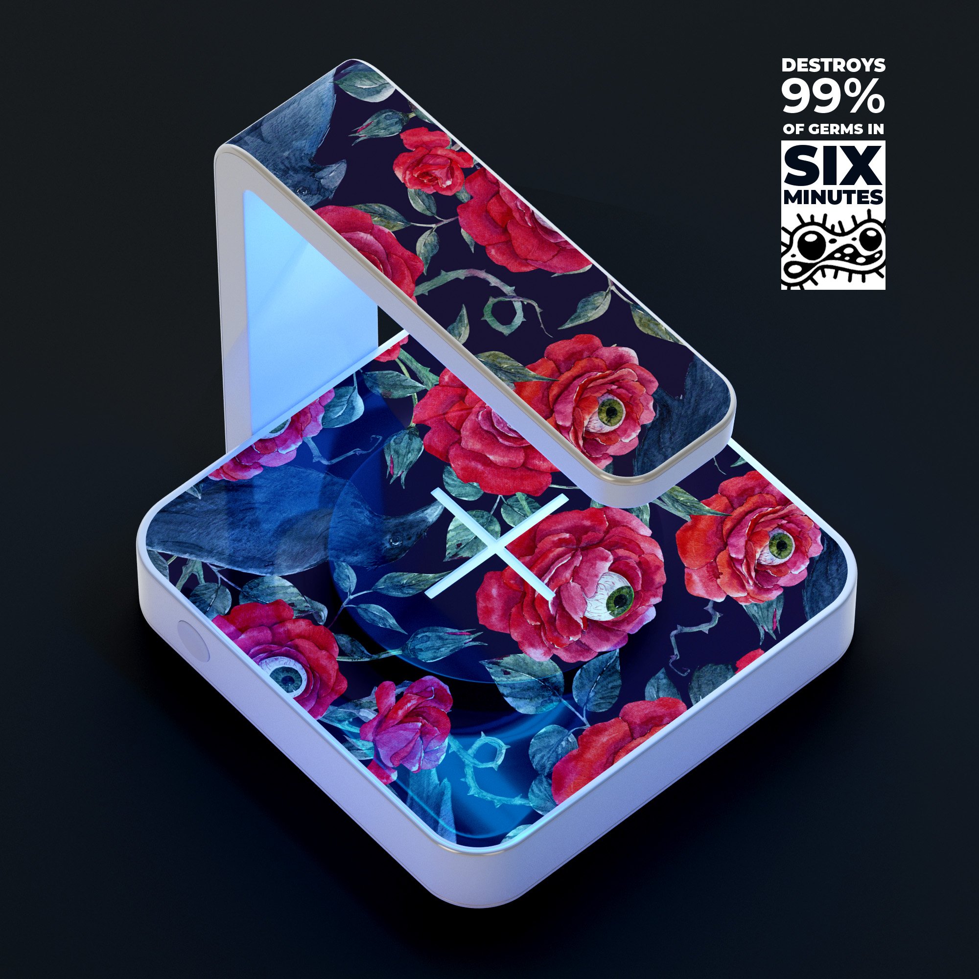 Abstract Roses UV Germicidal Wireless Charger with decorative skin, showcasing its sleek design and functionality.