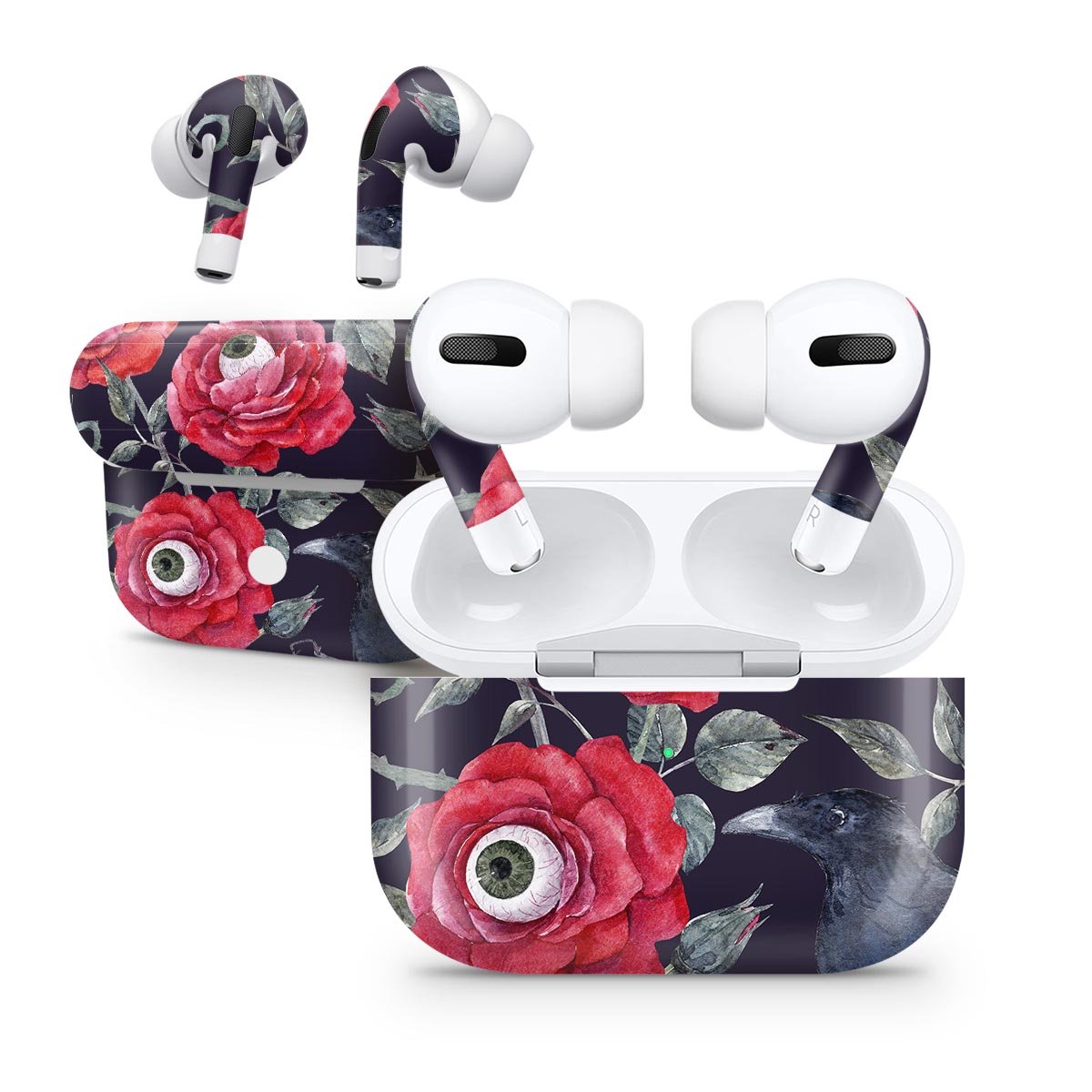 Abstract Roses with Eyes skin decal wrap kit for Apple AirPods, showcasing vibrant floral design and high-quality finish.