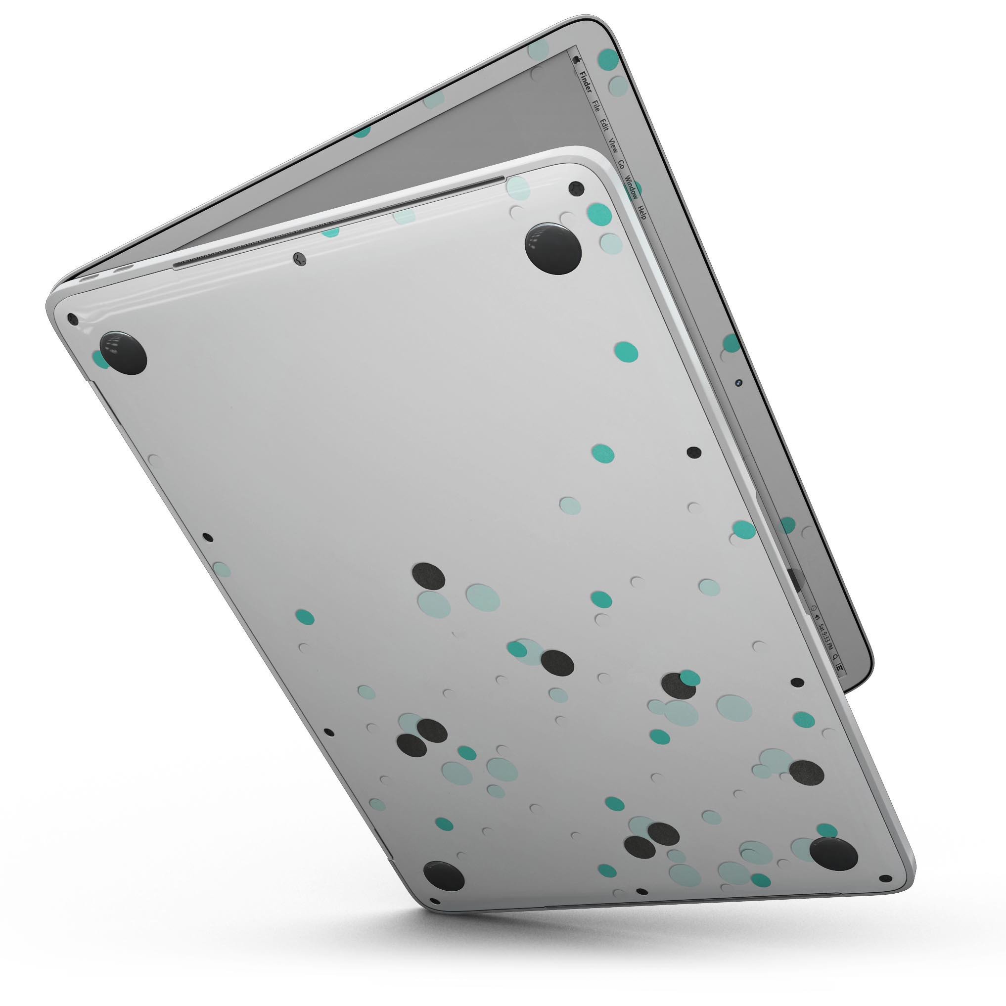 A 13" MacBook Pro without Touch Bar featuring an abstract design of scattered black and teal dots, showcasing a stylish and protective skin.