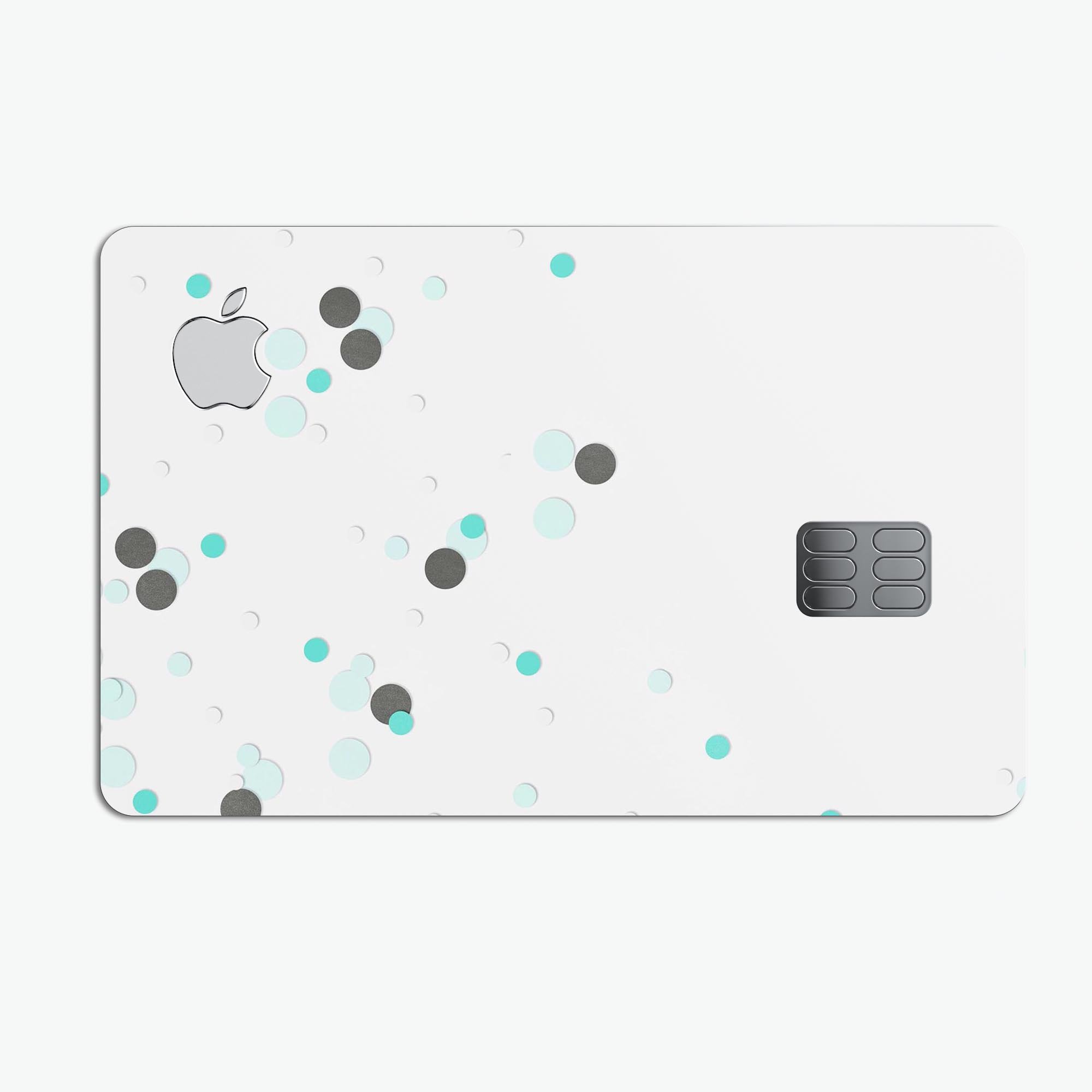 Abstract Scattered Black and Teal Dots decal on an Apple Card, showcasing its stylish design and premium quality.