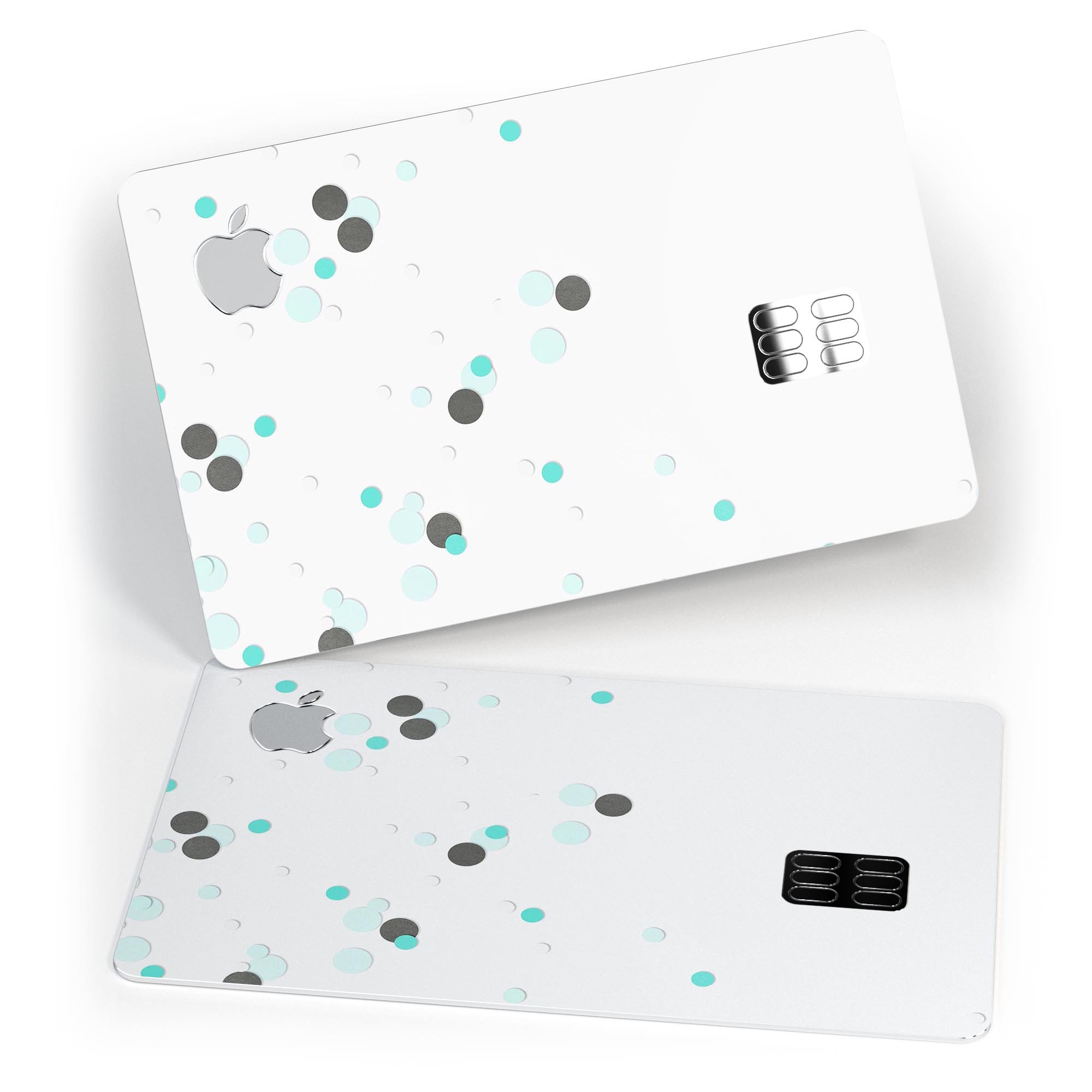 Abstract Scattered Black and Teal Dots decal on an Apple Card, showcasing its stylish design and premium quality.