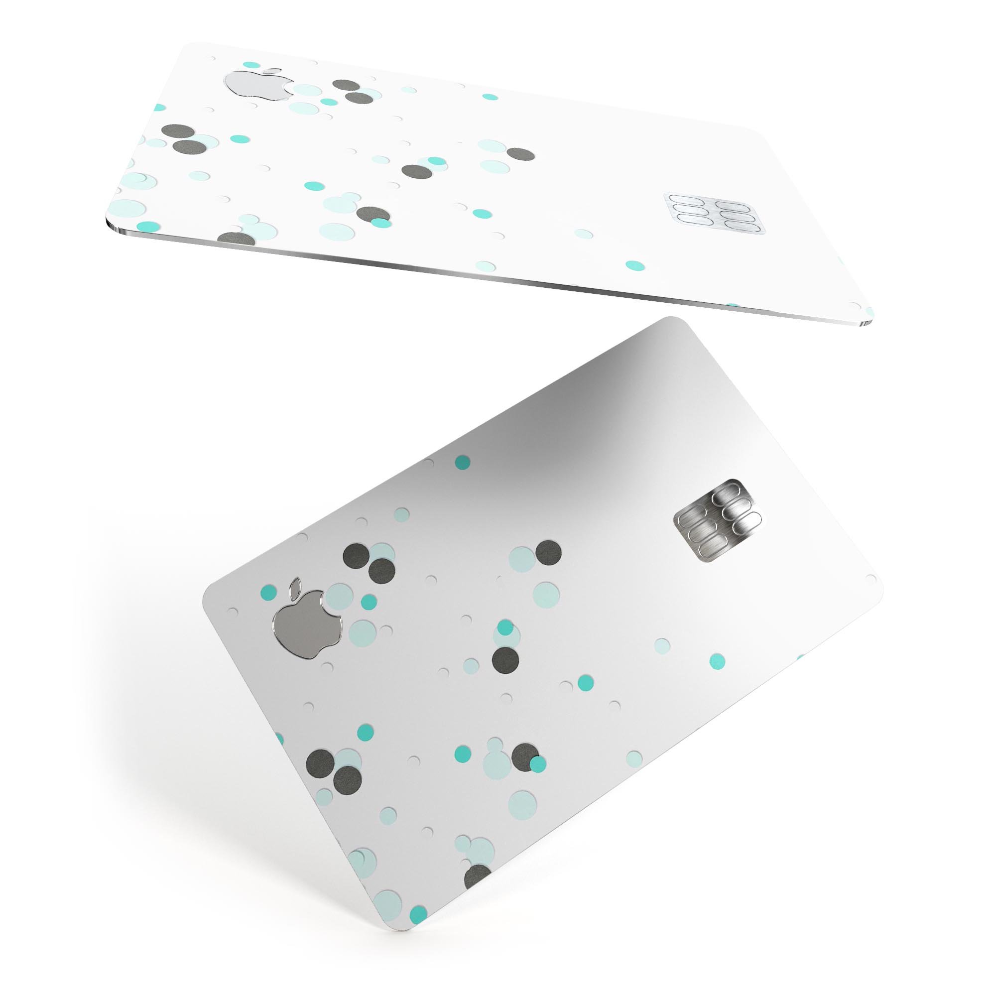 Abstract Scattered Black and Teal Dots decal on an Apple Card, showcasing its stylish design and premium quality.