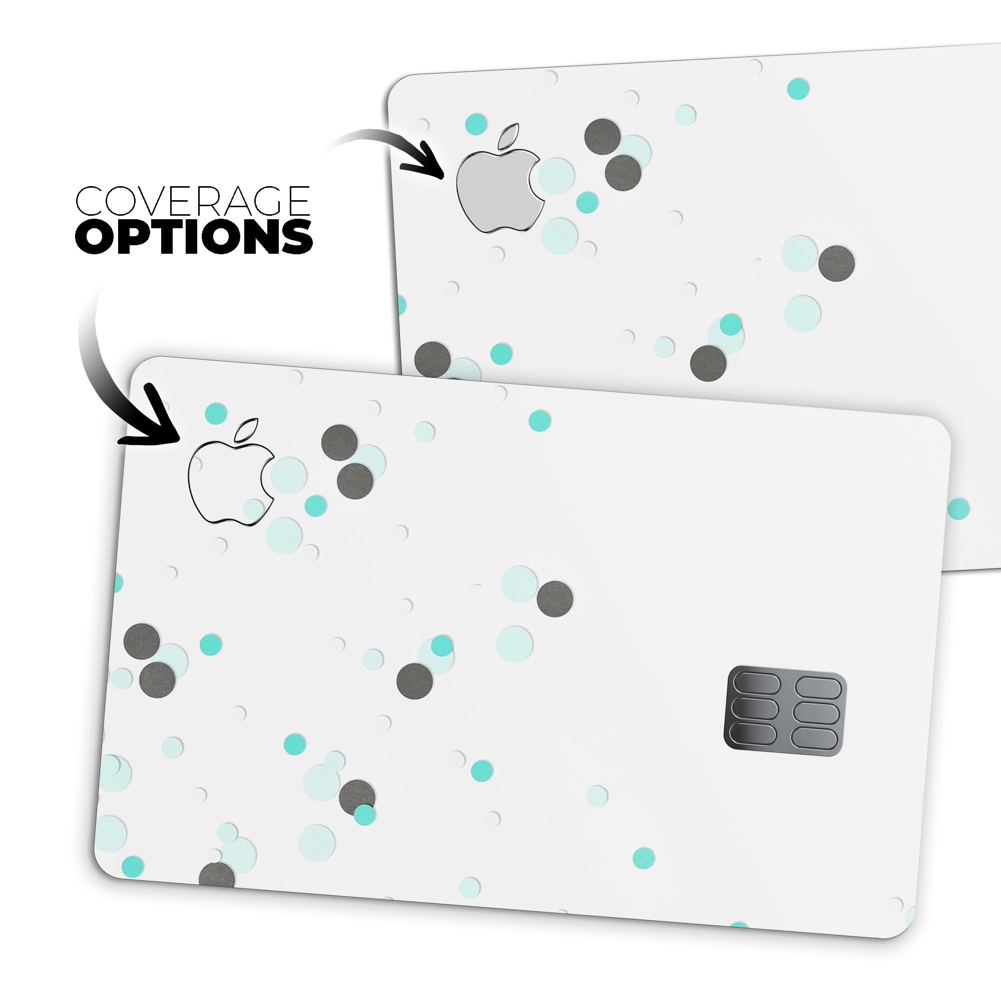 Abstract Scattered Black and Teal Dots decal on an Apple Card, showcasing its stylish design and premium quality.