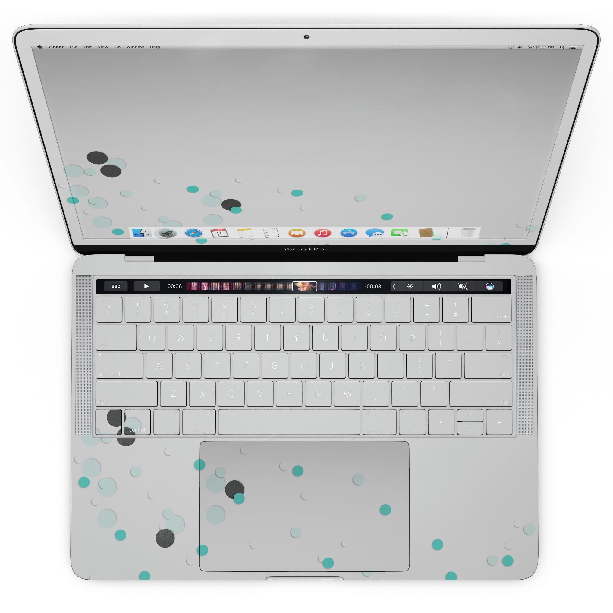 Abstract Scattered Teal Dots skin for MacBook Pro with Touch Bar, showcasing vibrant teal dots on a sleek surface.