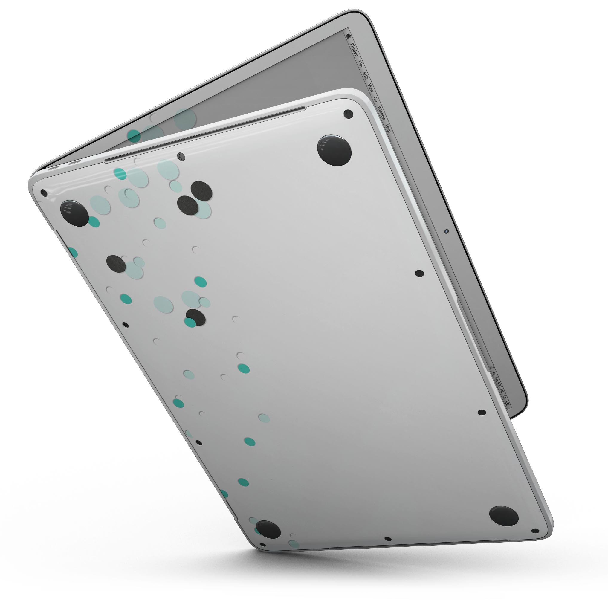 Abstract Scattered Teal Dots skin for MacBook Pro with Touch Bar, showcasing vibrant teal dots on a sleek surface.