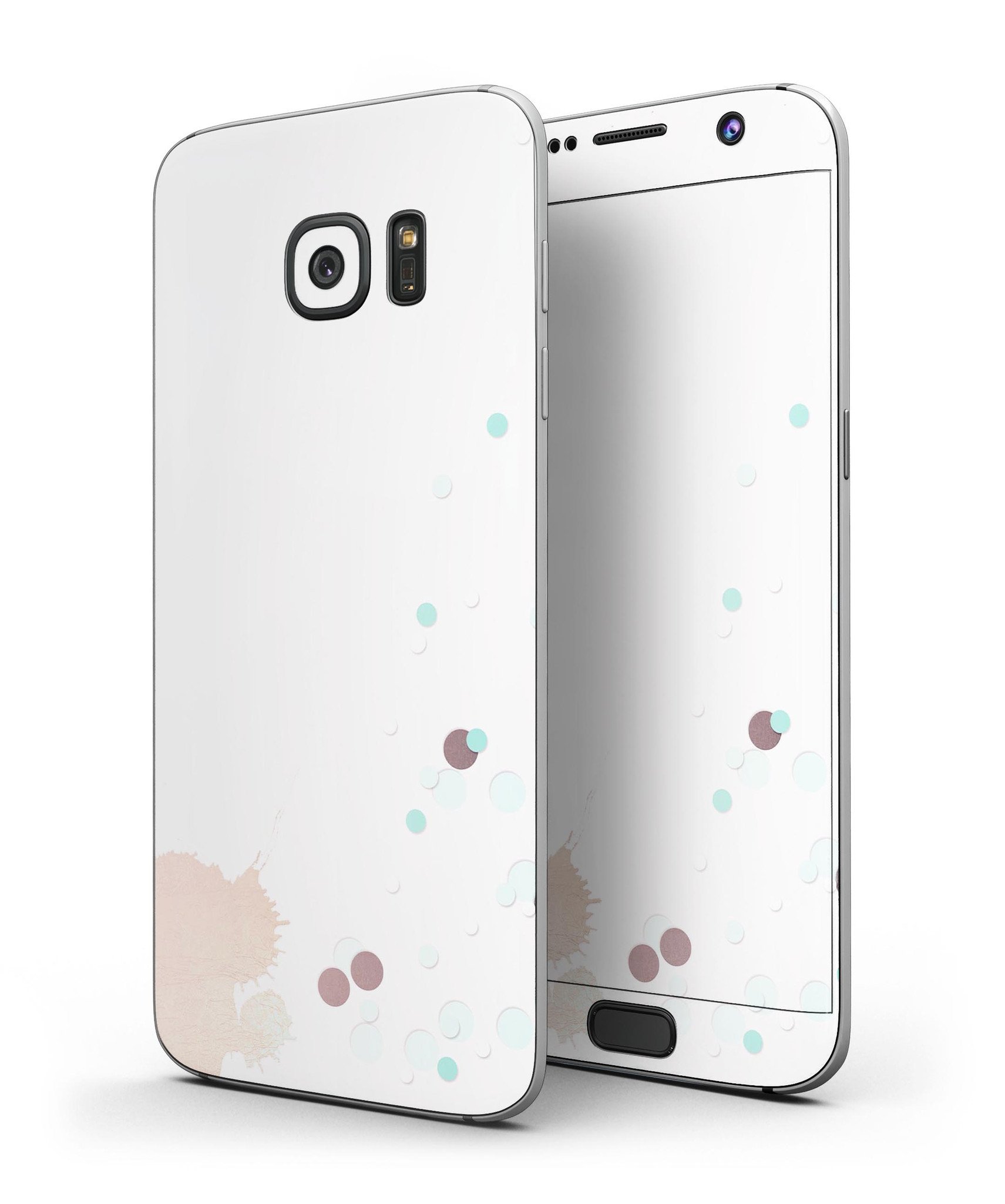 Samsung Galaxy S7/S7 Edge with Abstract Scattered Teal Dots Skin-Kit, showcasing vibrant colors and artistic design.