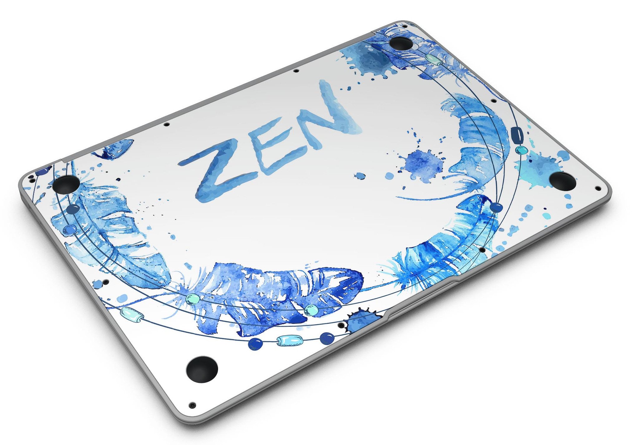 Abstract Watercolor Blue Feather Circle skin for MacBook Air, showcasing vibrant blue hues and a feather circle design on a sleek laptop.