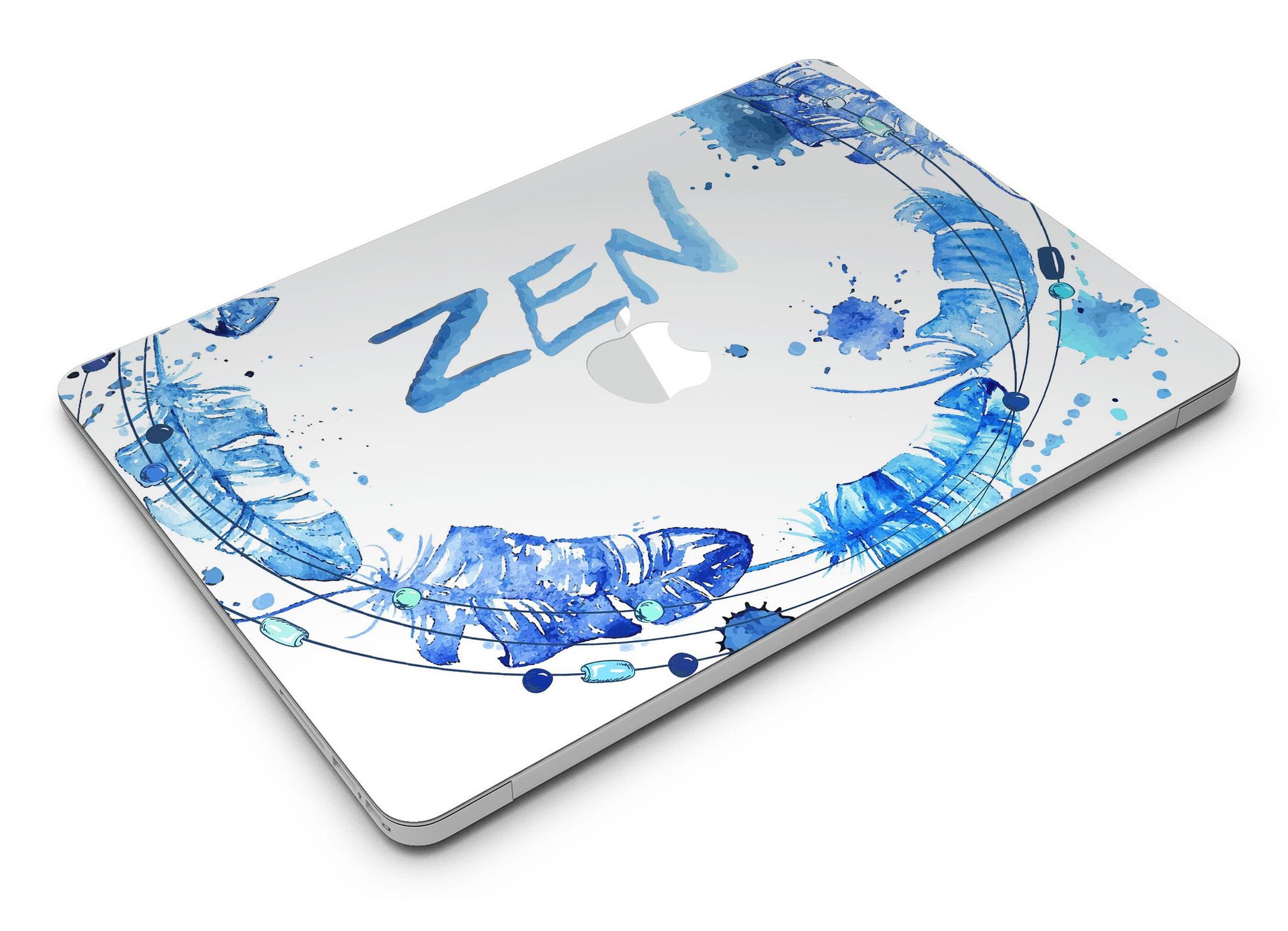 Abstract Watercolor Blue Feather Circle skin for MacBook Air, showcasing vibrant blue hues and a feather circle design on a sleek laptop.