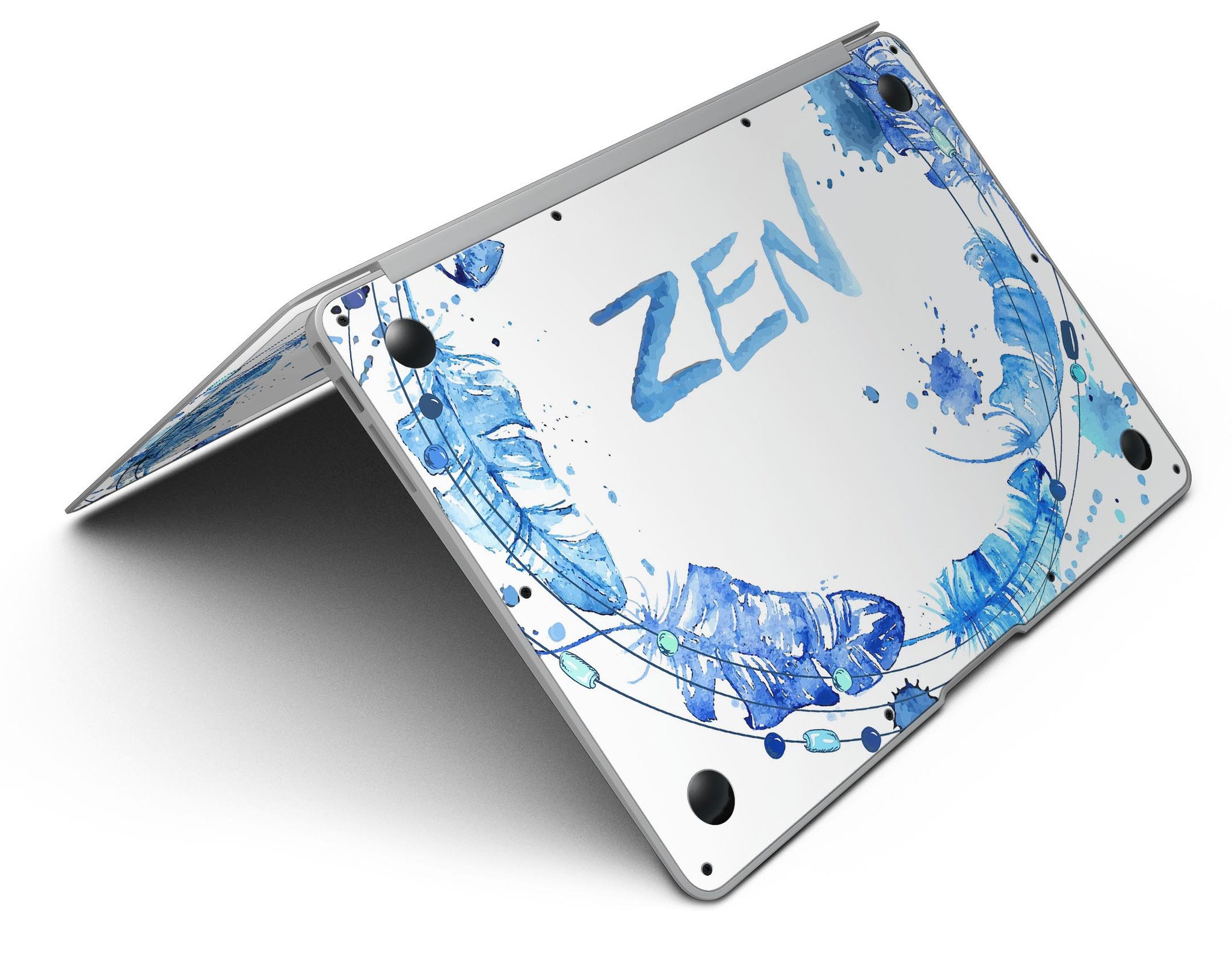 Abstract Watercolor Blue Feather Circle skin for MacBook Air, showcasing vibrant blue hues and a feather circle design on a sleek laptop.