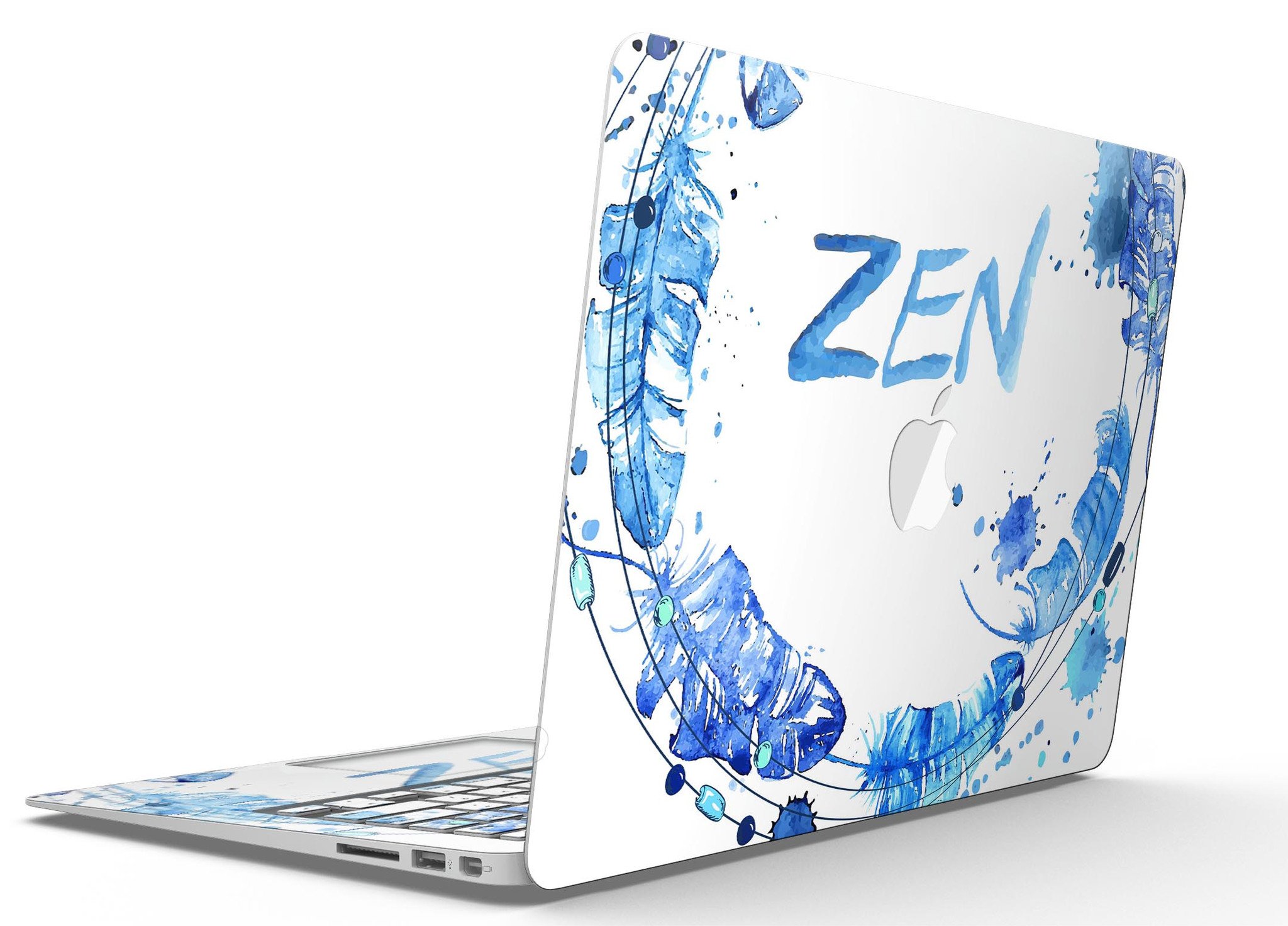 Abstract Watercolor Blue Feather Circle skin for MacBook Air, showcasing vibrant blue hues and a feather circle design on a sleek laptop.