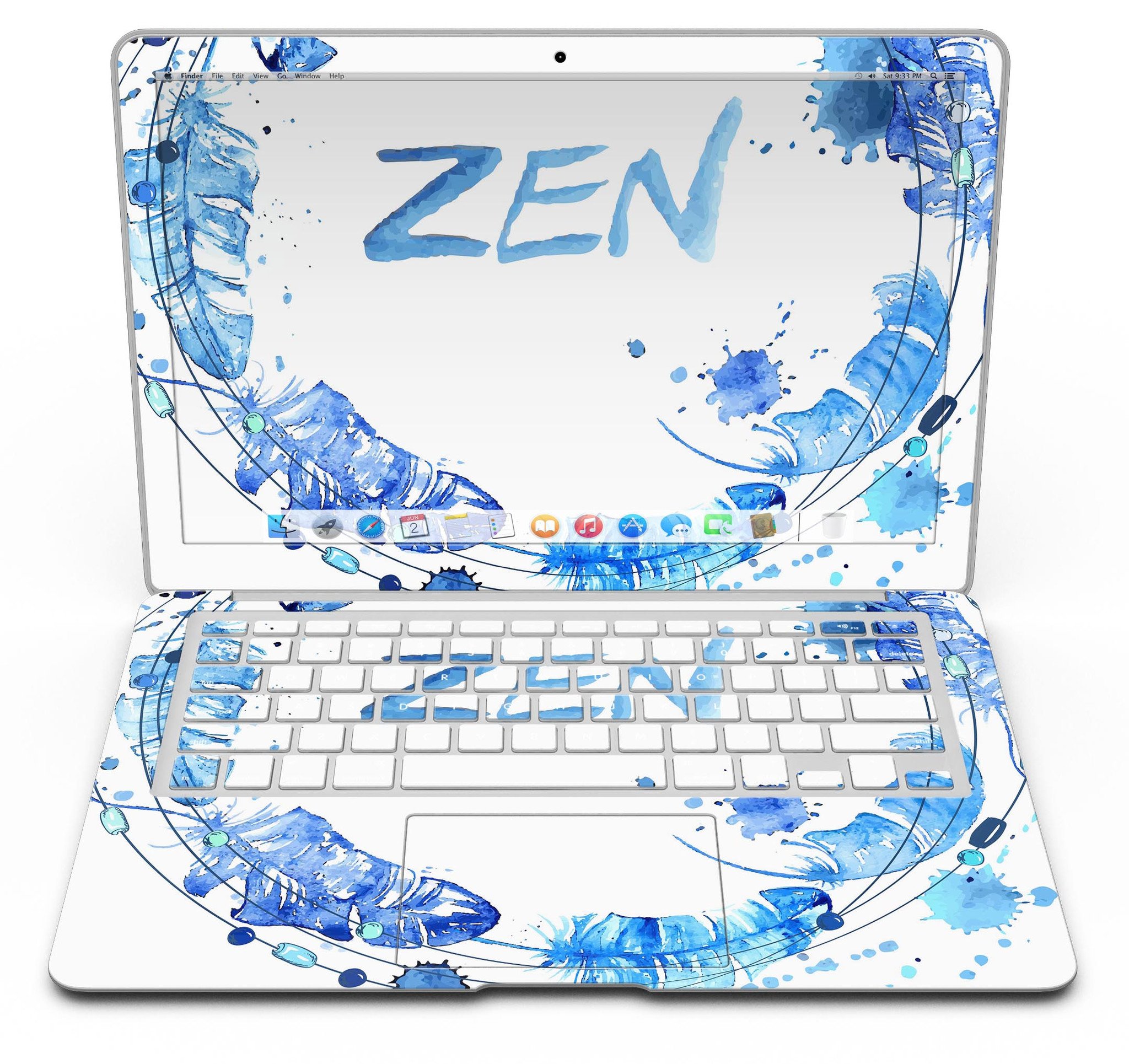 Abstract Watercolor Blue Feather Circle skin for MacBook Air, showcasing vibrant blue hues and a feather circle design on a sleek laptop.