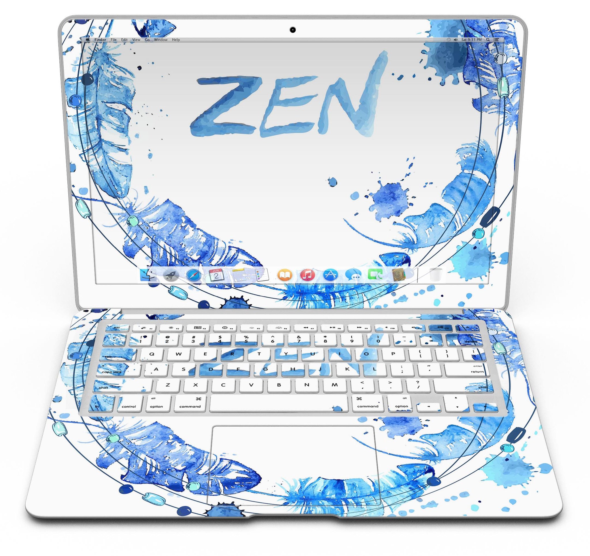Abstract Watercolor Blue Feather Circle skin for MacBook Air, showcasing vibrant blue hues and a feather circle design on a sleek laptop.