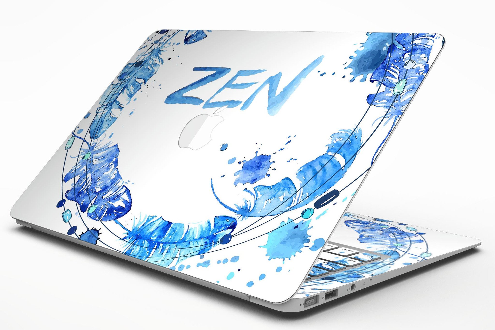 Abstract Watercolor Blue Feather Circle skin for MacBook Air, showcasing vibrant blue hues and a feather circle design on a sleek laptop.
