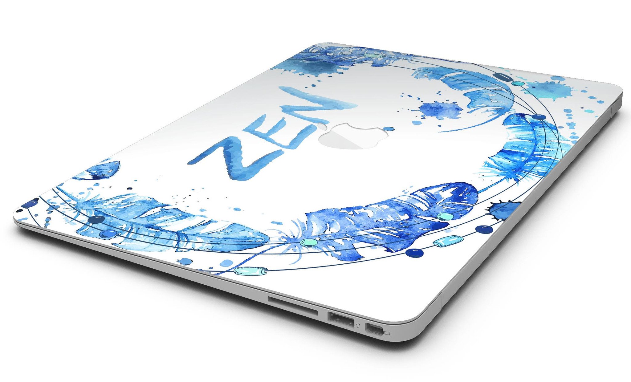 Abstract Watercolor Blue Feather Circle skin for MacBook Air, showcasing vibrant blue hues and a feather circle design on a sleek laptop.