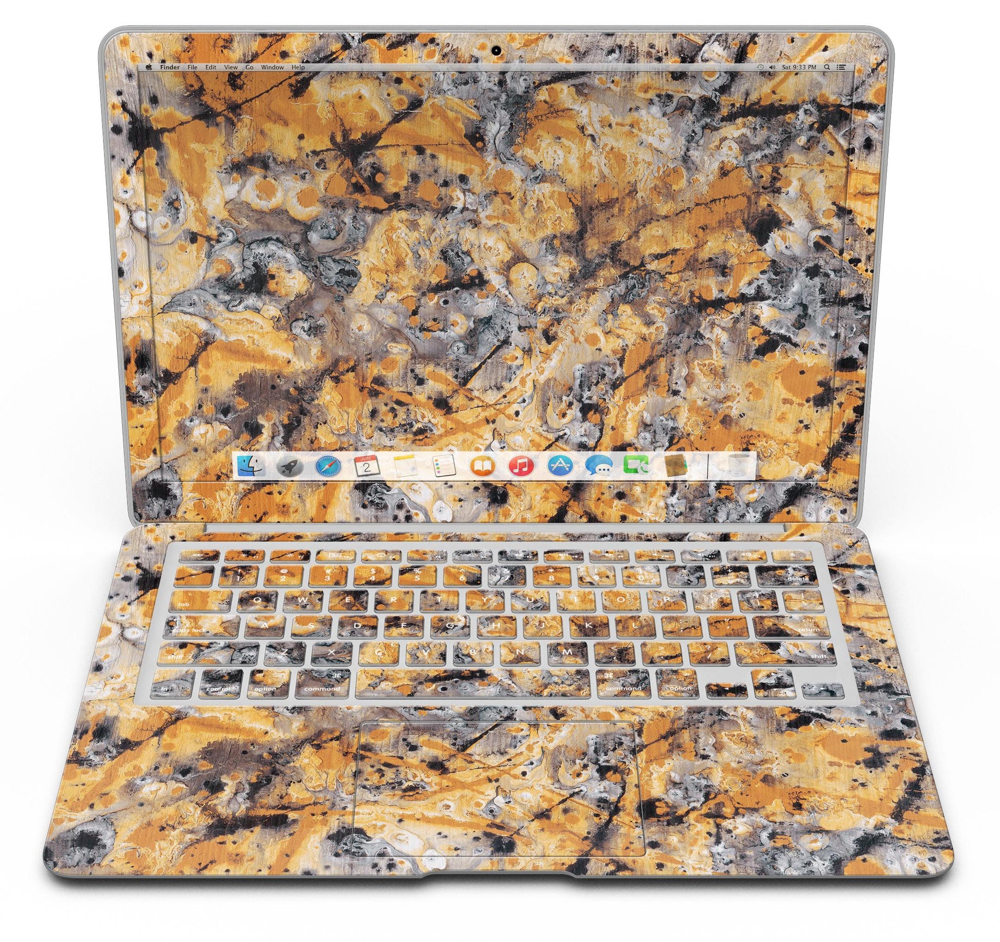 Abstract Wet Gold Paint Skin Kit for MacBook Air, showcasing a stylish design with premium vinyl material.