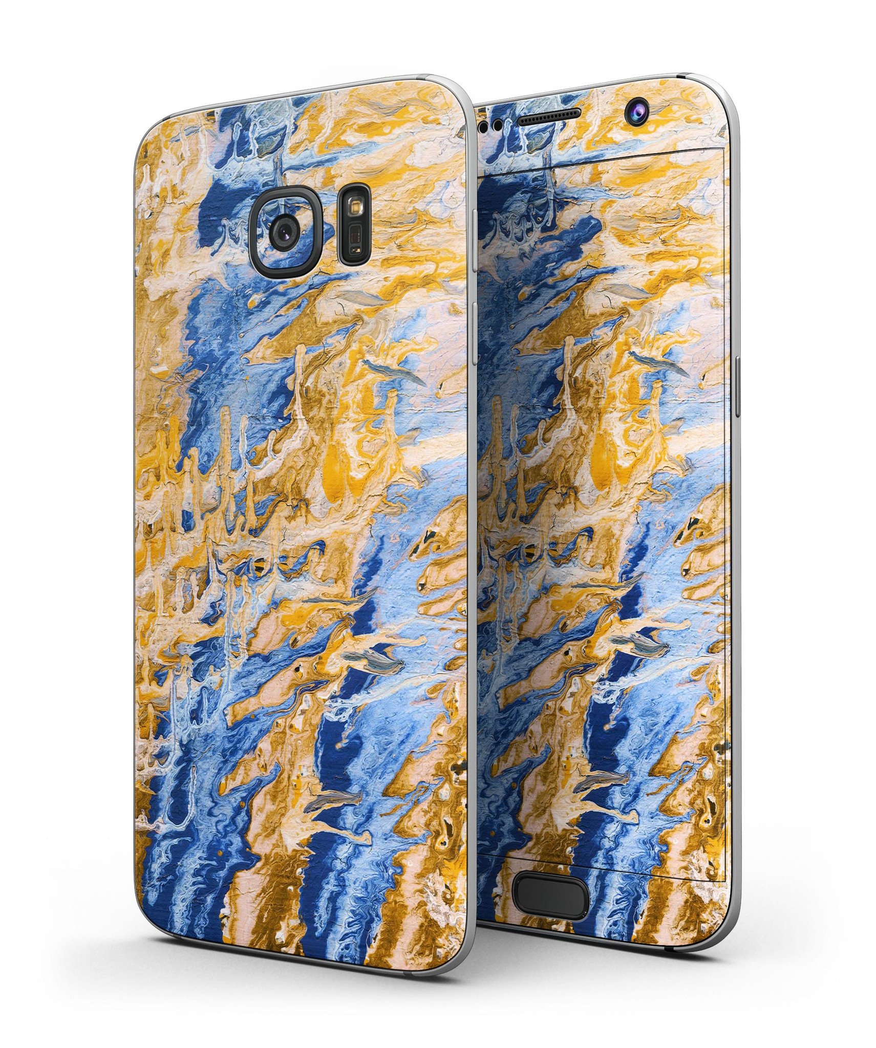 Abstract Wet Paint Blue and Gold Skin-Kit for Samsung Galaxy S7/S7 Edge, showcasing vibrant colors and premium vinyl material.