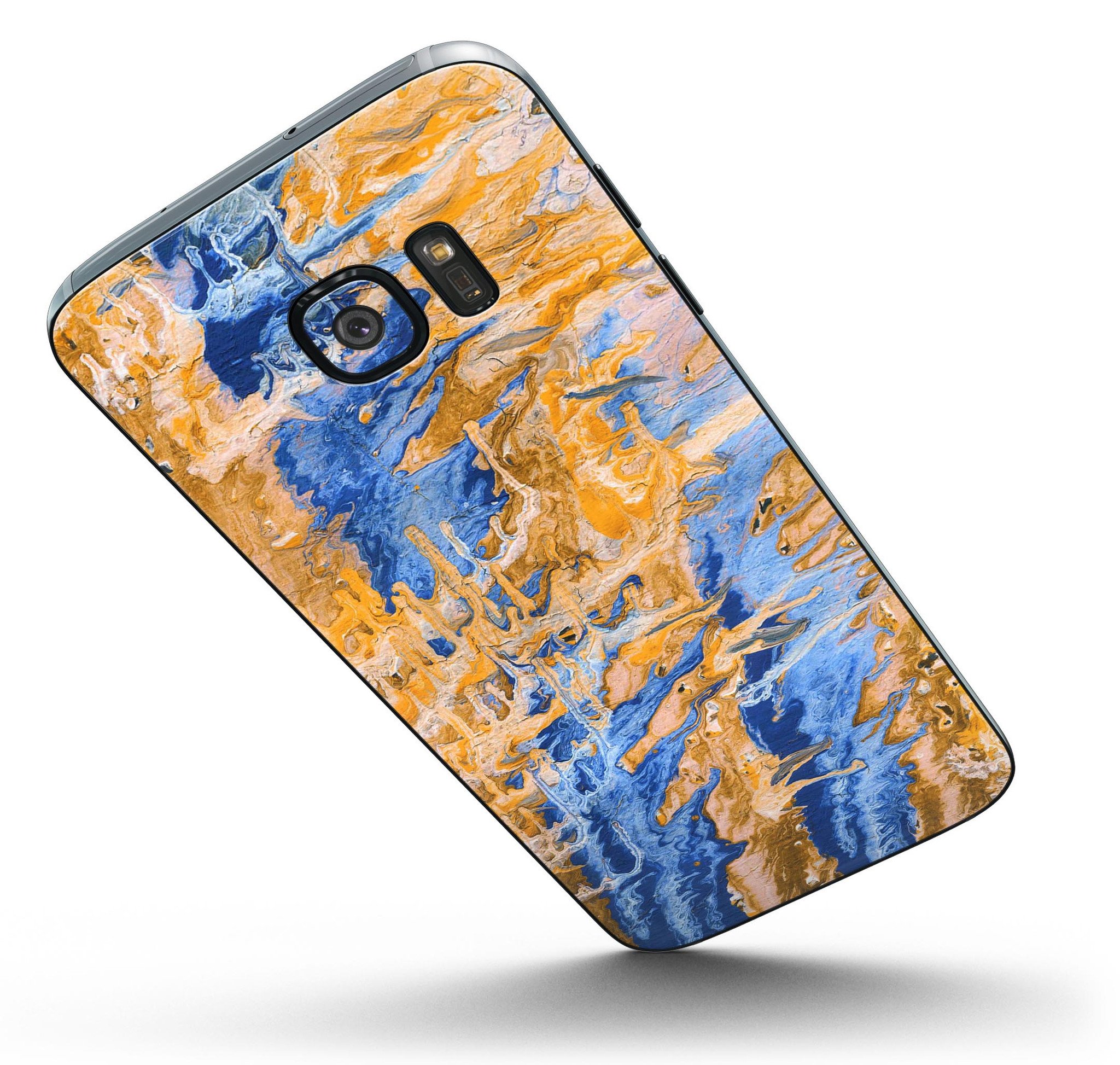 Abstract Wet Paint Blue and Gold Skin-Kit for Samsung Galaxy S7/S7 Edge, showcasing vibrant colors and premium vinyl material.