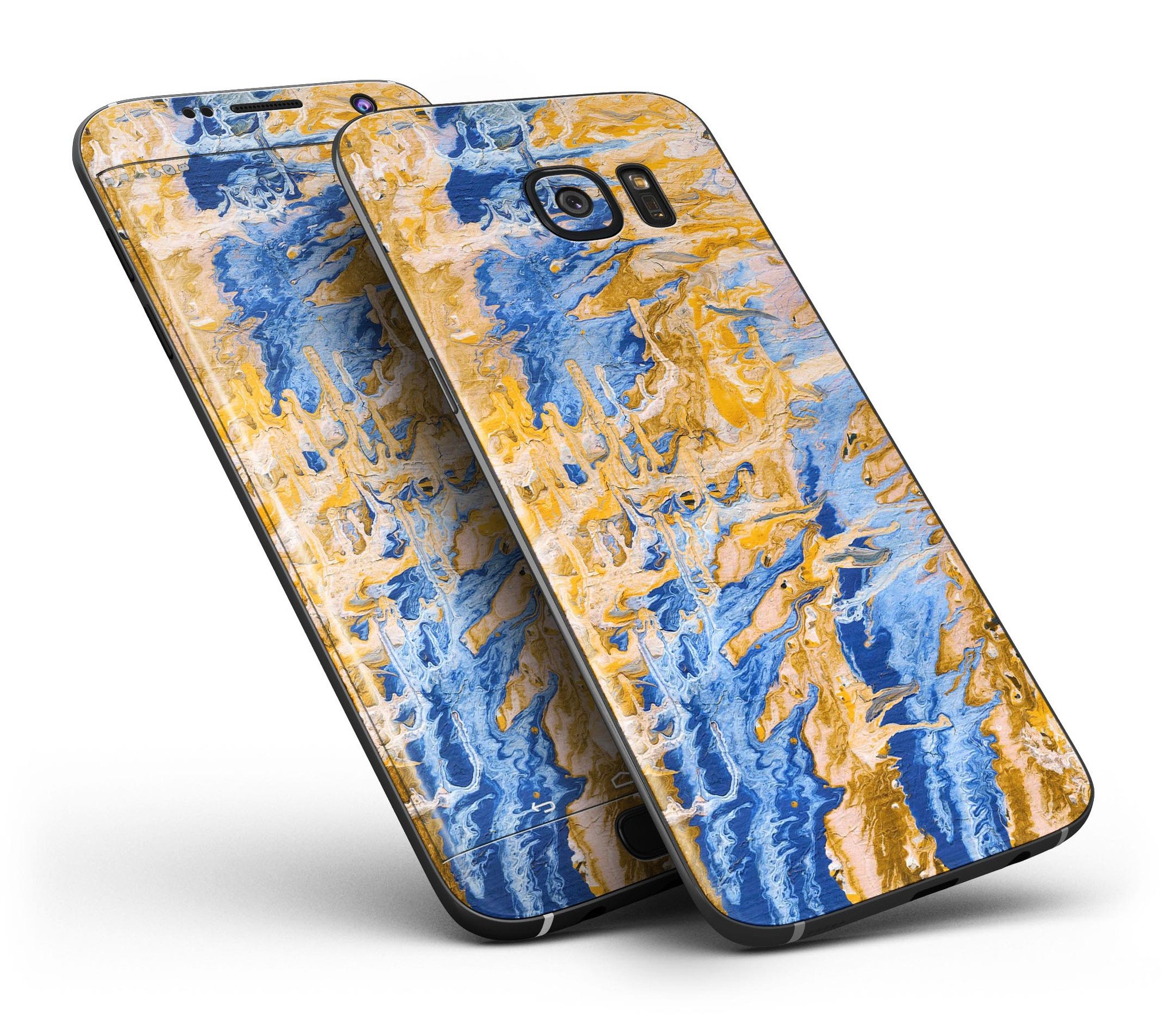 Abstract Wet Paint Blue and Gold Skin-Kit for Samsung Galaxy S7/S7 Edge, showcasing vibrant colors and premium vinyl material.