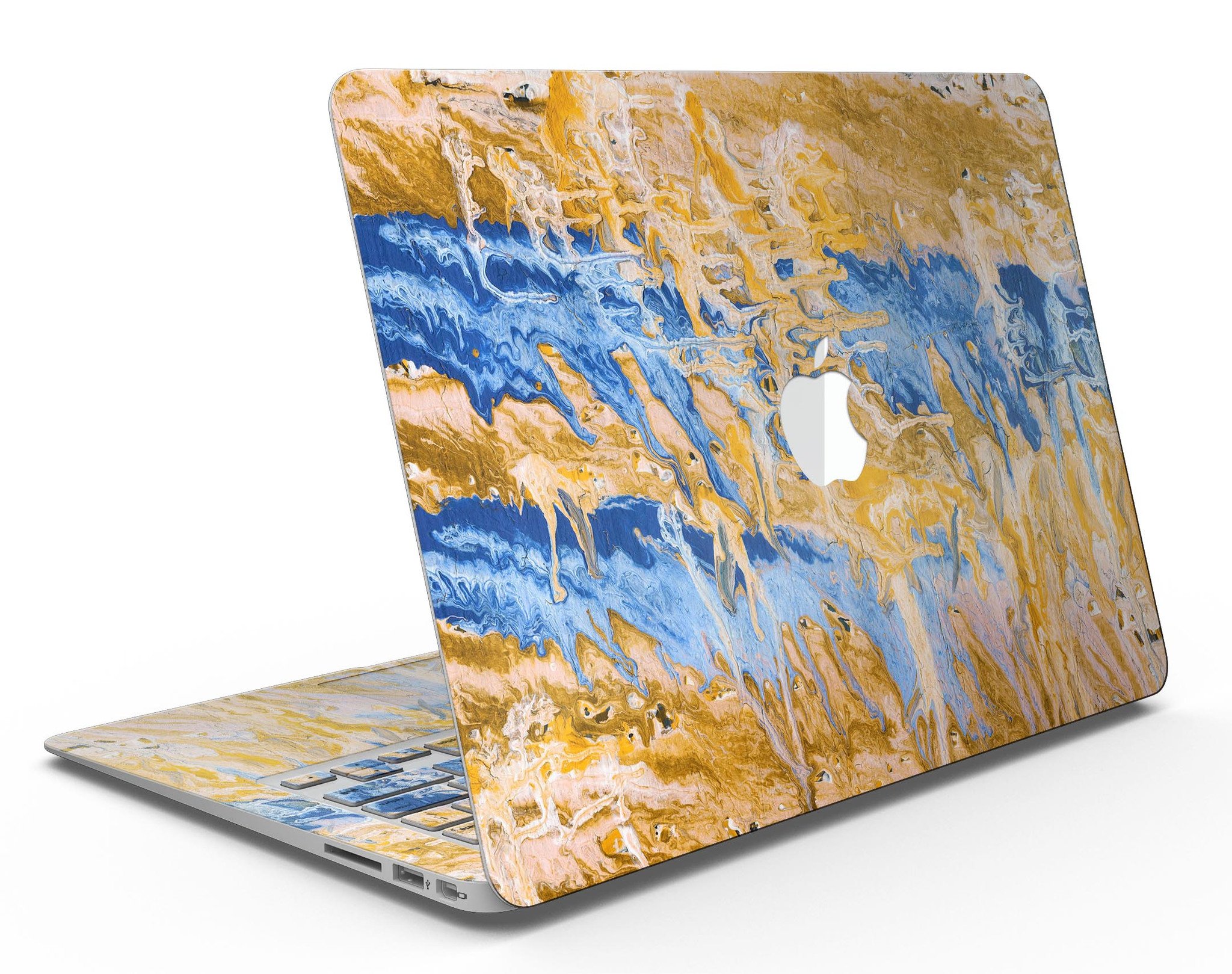 Abstract Wet Paint Blue and Gold Skin Kit for MacBook Air, showcasing a vibrant design with blue and gold colors.