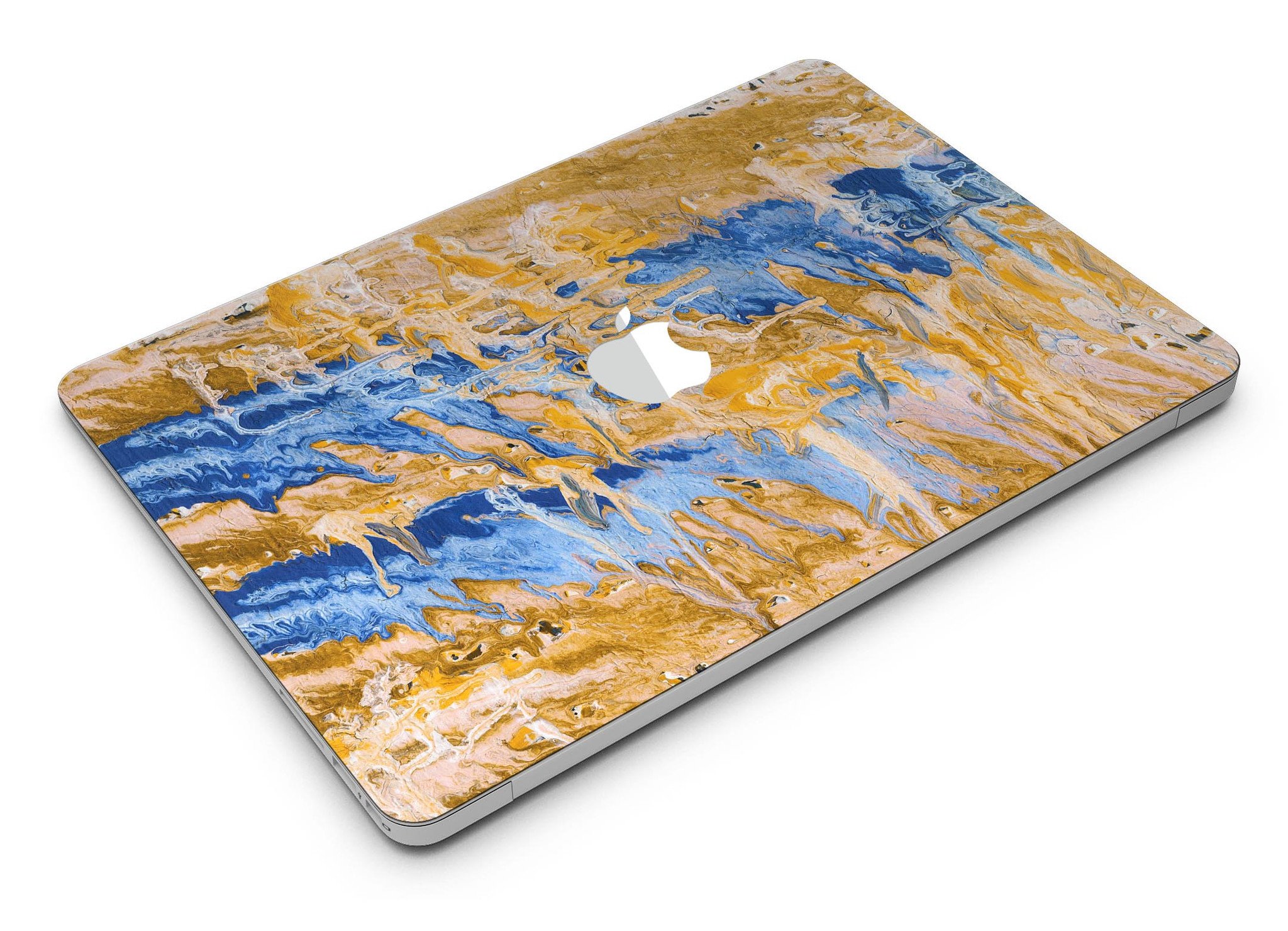Abstract Wet Paint Blue and Gold Skin Kit for MacBook Air, showcasing a vibrant design with blue and gold colors.