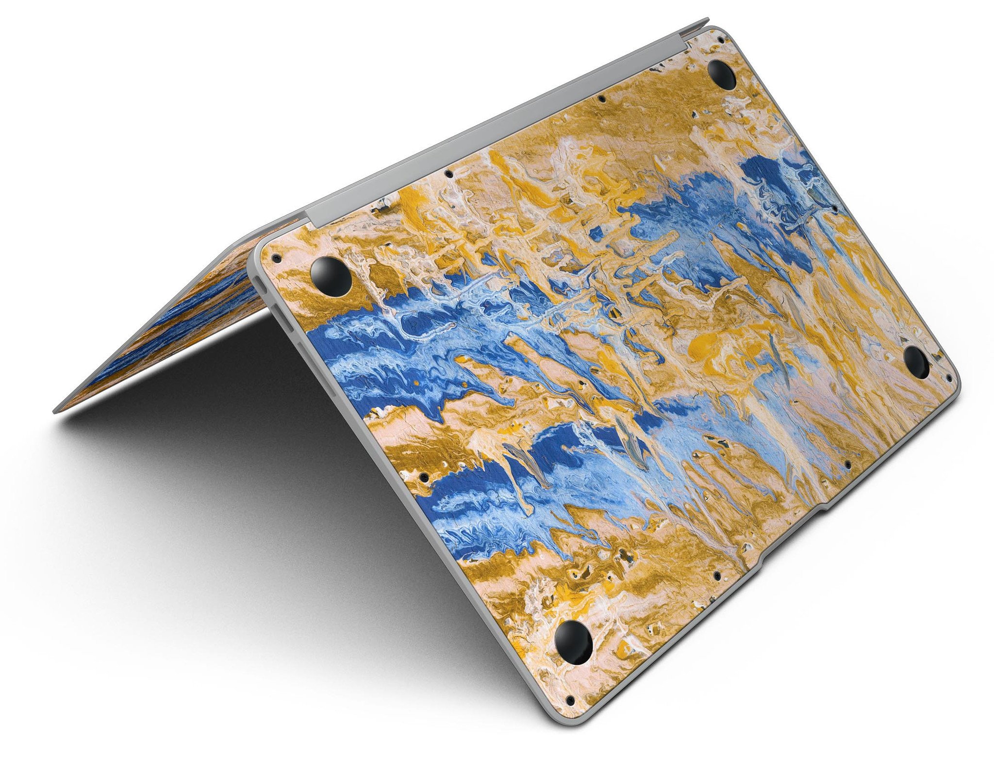 Abstract Wet Paint Blue and Gold Skin Kit for MacBook Air, showcasing a vibrant design with blue and gold colors.