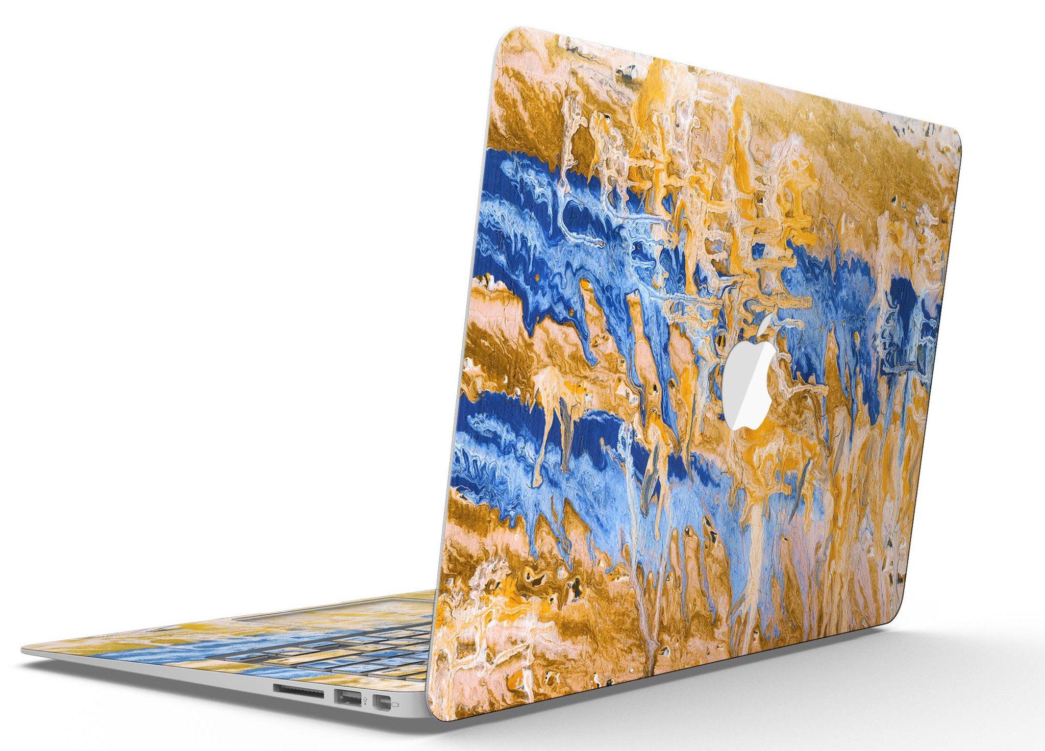 Abstract Wet Paint Blue and Gold Skin Kit for MacBook Air, showcasing a vibrant design with blue and gold colors.