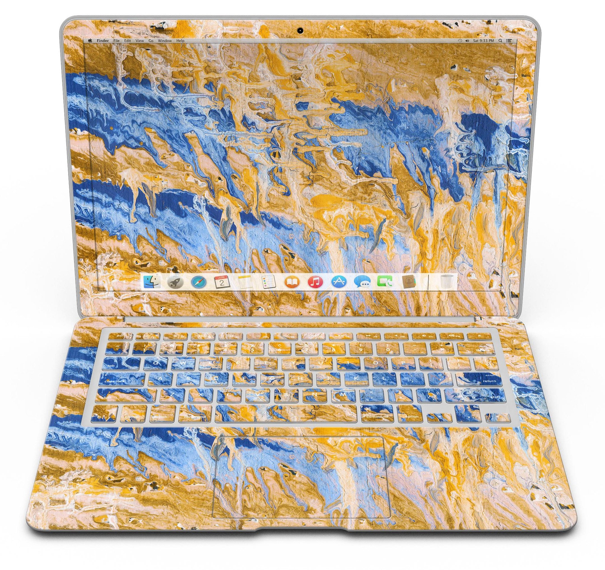 Abstract Wet Paint Blue and Gold Skin Kit for MacBook Air, showcasing a vibrant design with blue and gold colors.