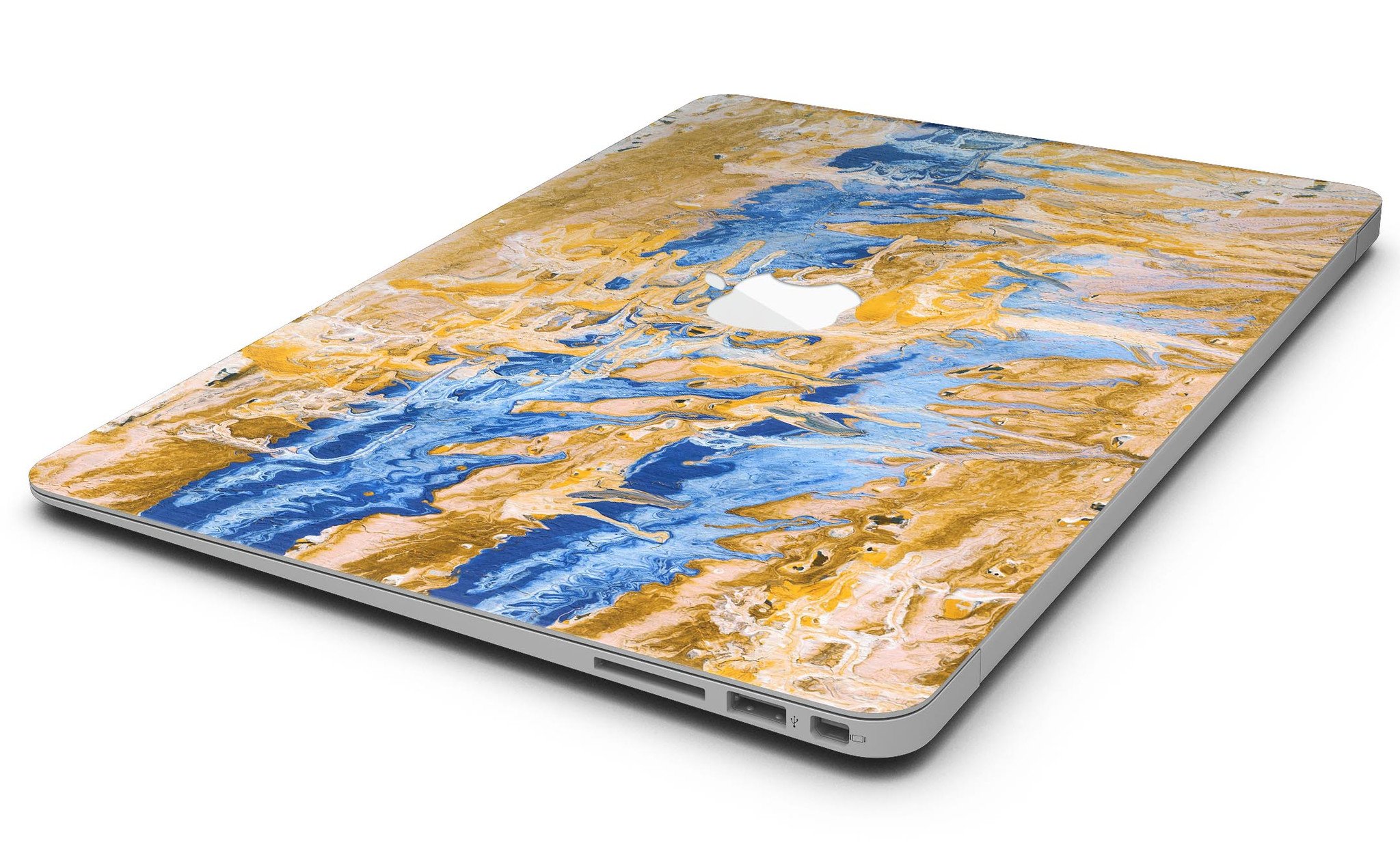 Abstract Wet Paint Blue and Gold Skin Kit for MacBook Air, showcasing a vibrant design with blue and gold colors.