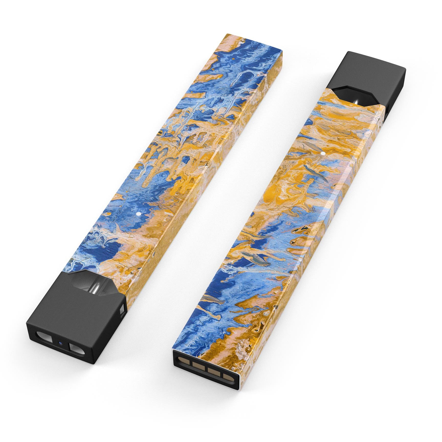 Abstract Wet Paint Blue and Gold Tilt decal for JUUL vaping device, showcasing vibrant colors and a sleek design.