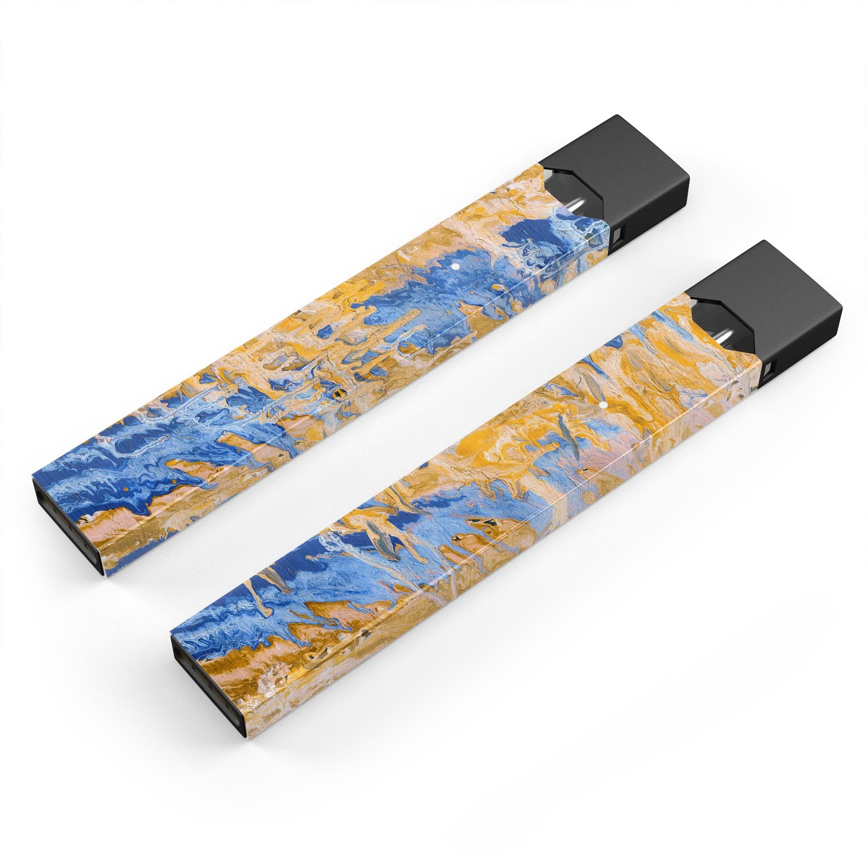 Abstract Wet Paint Blue and Gold Tilt decal for JUUL vaping device, showcasing vibrant colors and a sleek design.