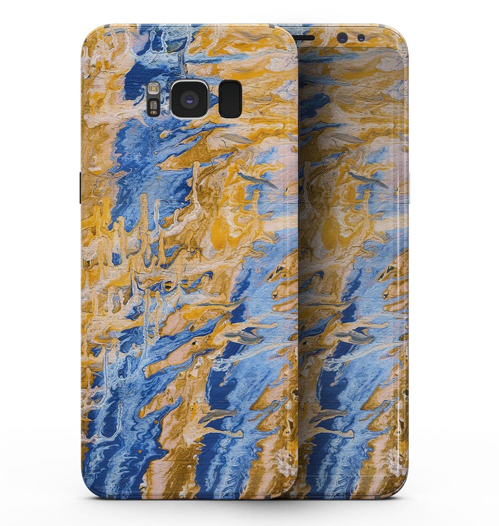 Samsung Galaxy S8 with Abstract Wet Paint Blue and Gold Tilt skin, showcasing vibrant colors and unique abstract design.