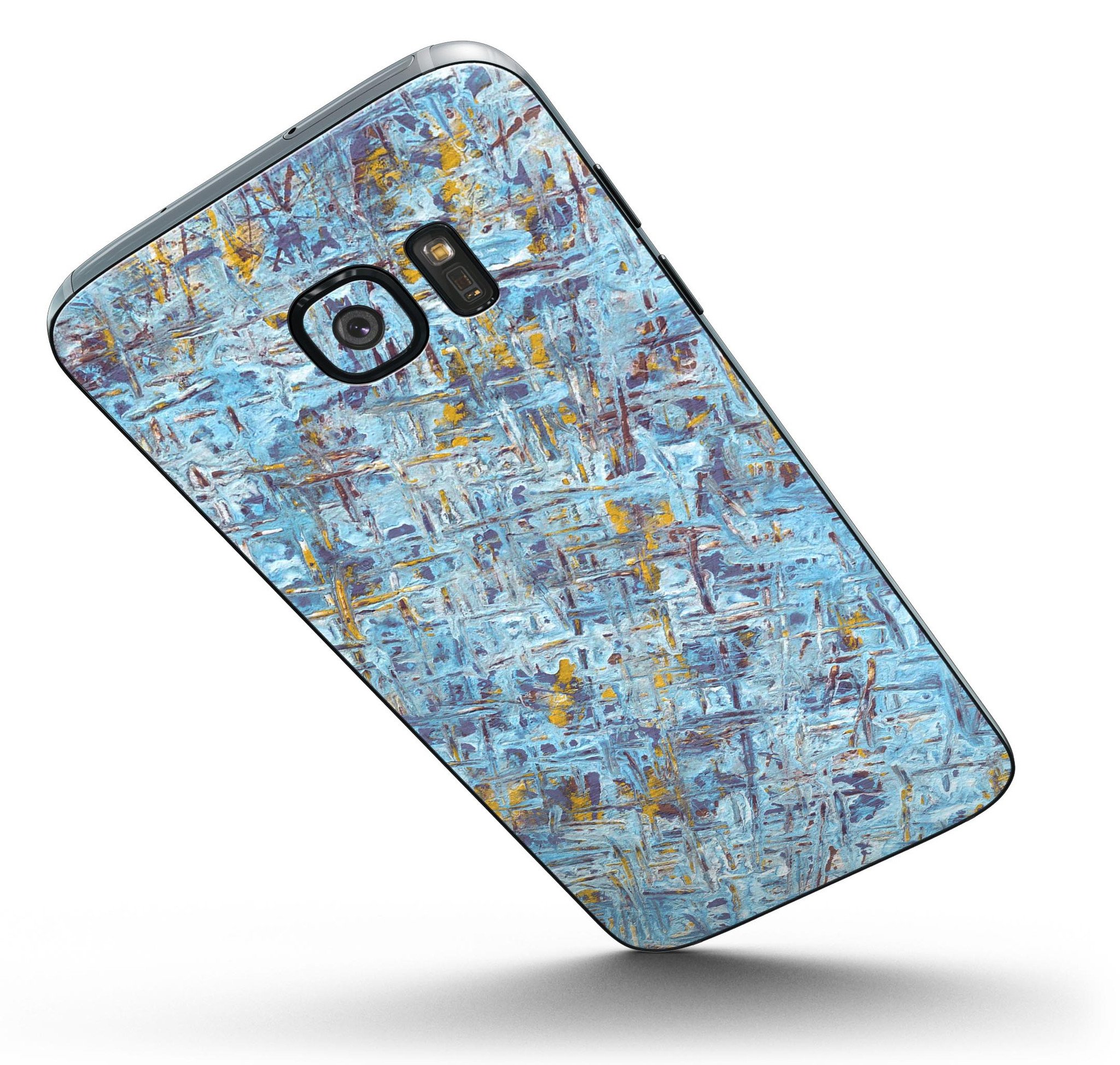 Abstract Wet Paint Blue Crossed Full Body Skin-Kit for Samsung Galaxy S7/S7 Edge, showcasing vibrant colors and unique design.
