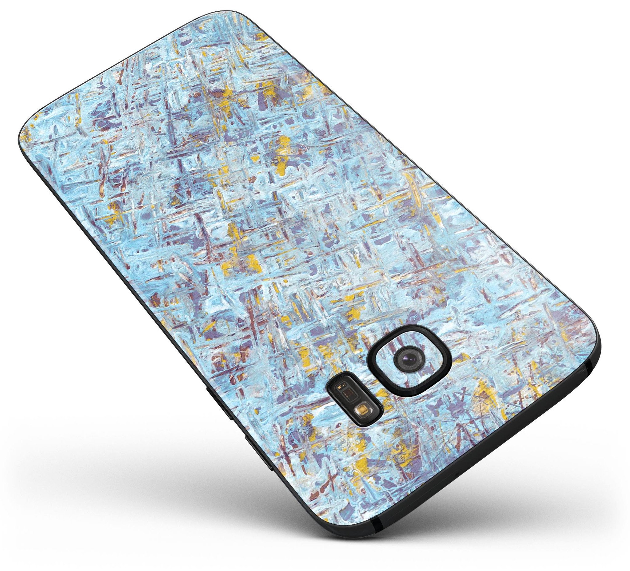 Abstract Wet Paint Blue Crossed Full Body Skin-Kit for Samsung Galaxy S7/S7 Edge, showcasing vibrant colors and unique design.