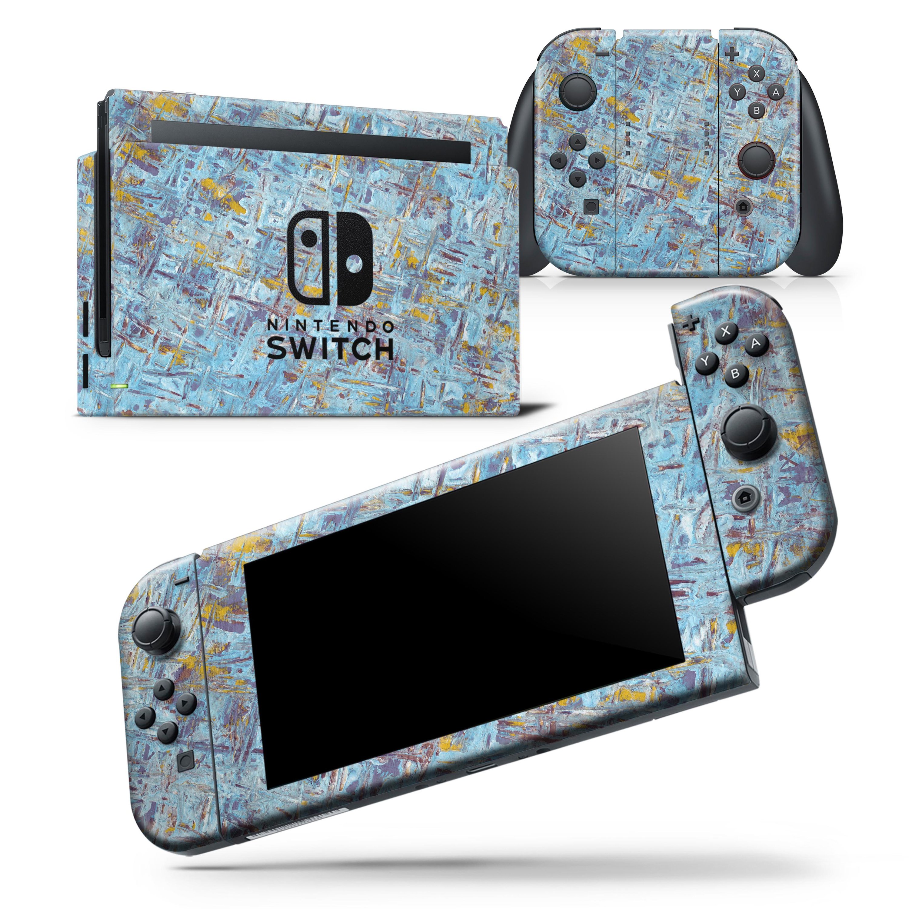 Abstract Wet Paint Blue Crossed skin wrap decal for Nintendo Switch, showcasing vibrant colors and unique design for personalized gaming.
