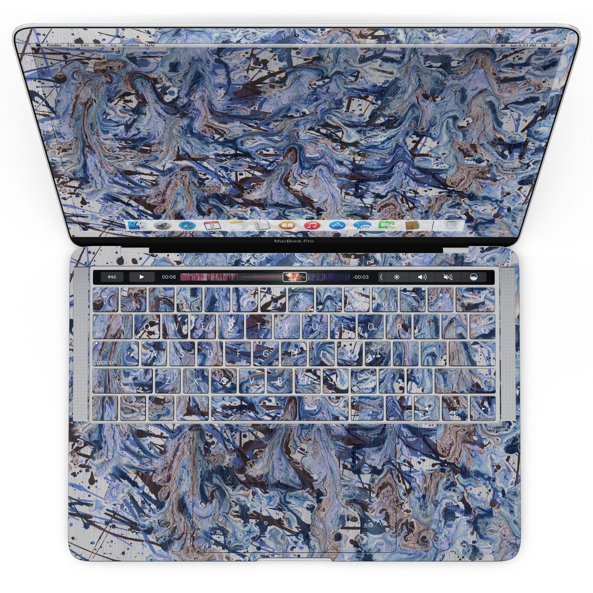 Abstract Wet Paint Blues skin kit for MacBook Pro with Touch Bar, showcasing vibrant colors and sleek design.