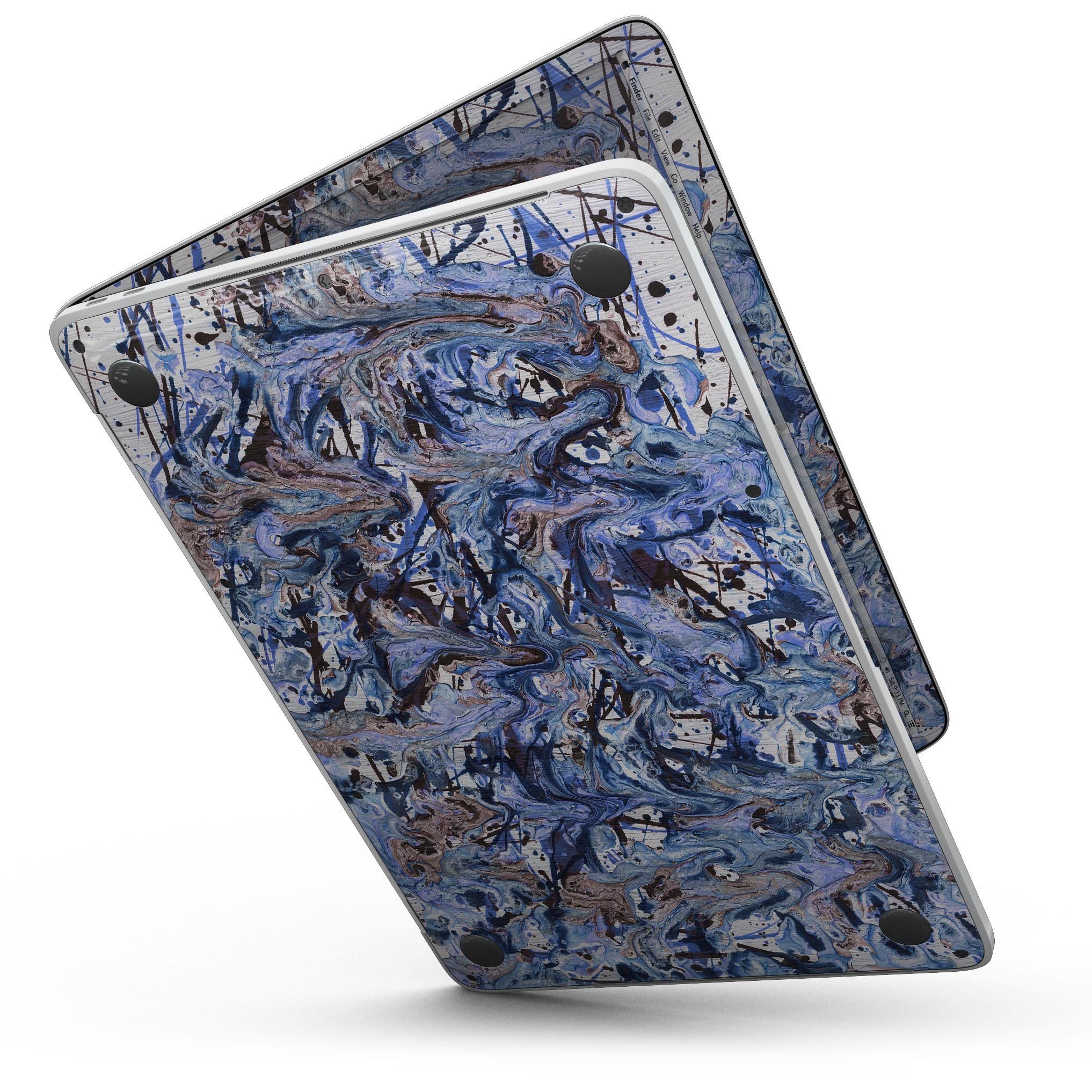 Abstract Wet Paint Blues skin kit for MacBook Pro with Touch Bar, showcasing vibrant colors and sleek design.