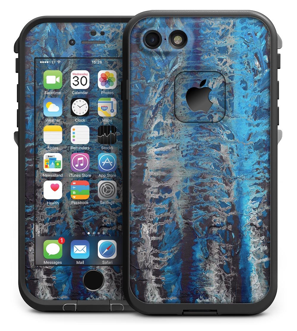 Abstract Wet Paint Blues v8 skin kit for iPhone 7 LifeProof Fre Case, showcasing vibrant colors and unique design.